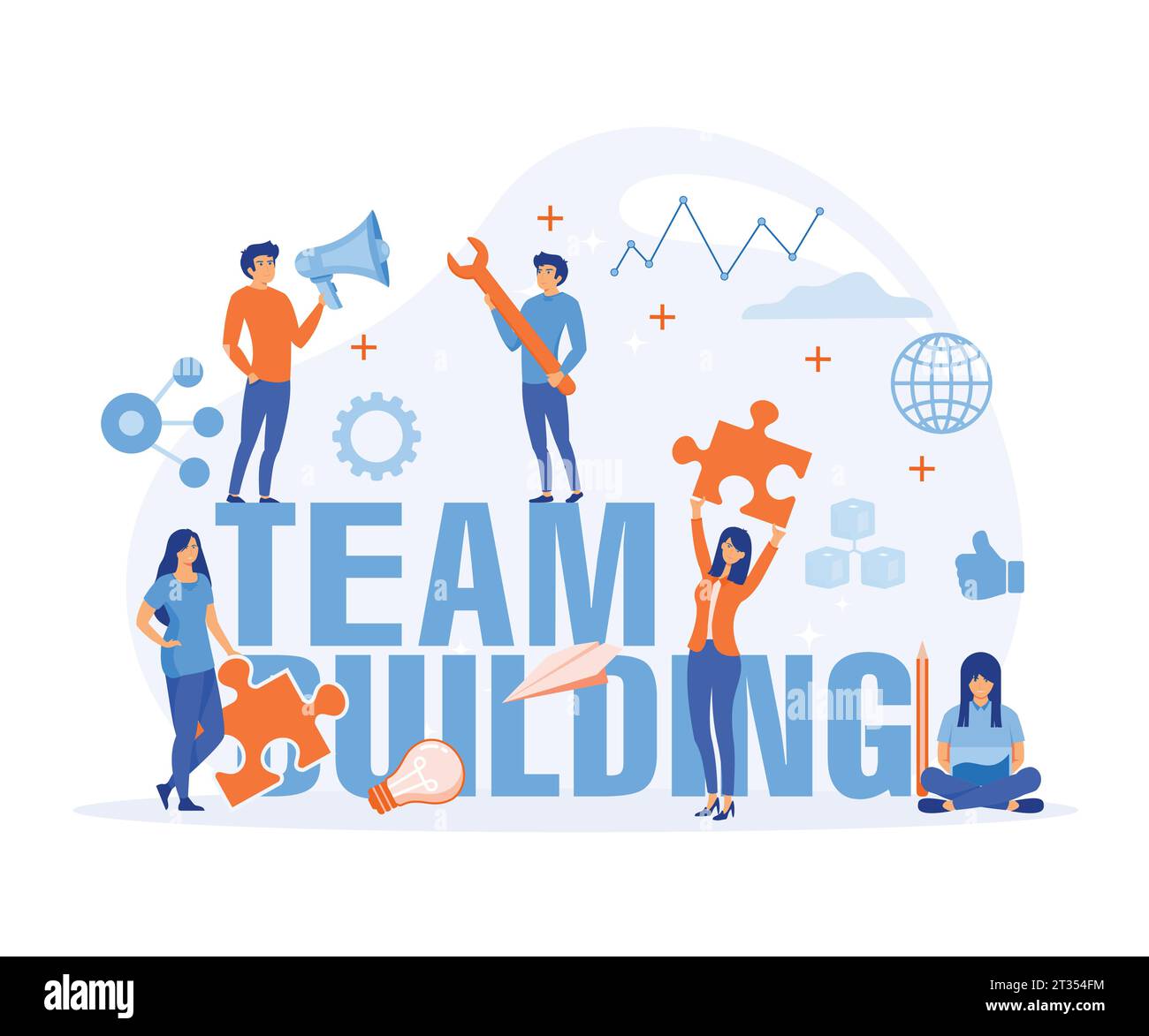 Concetto di team building. Gruppi di persone si riuniscono e lavorano insieme per ottenere buoni risultati aziendali. illustrazione moderna a vettore piatto Illustrazione Vettoriale