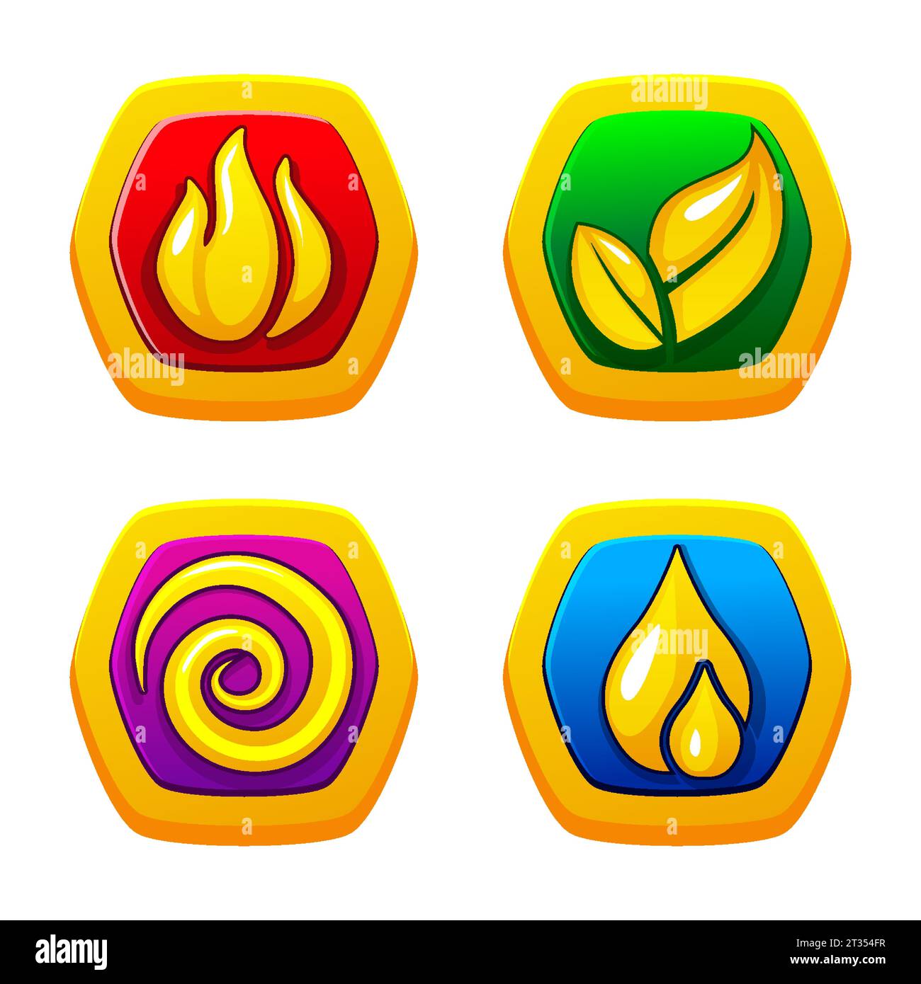 Quattro elementi natura fuoco, aria, terra e acqua. Quattro simboli di vita dorati Illustrazione Vettoriale