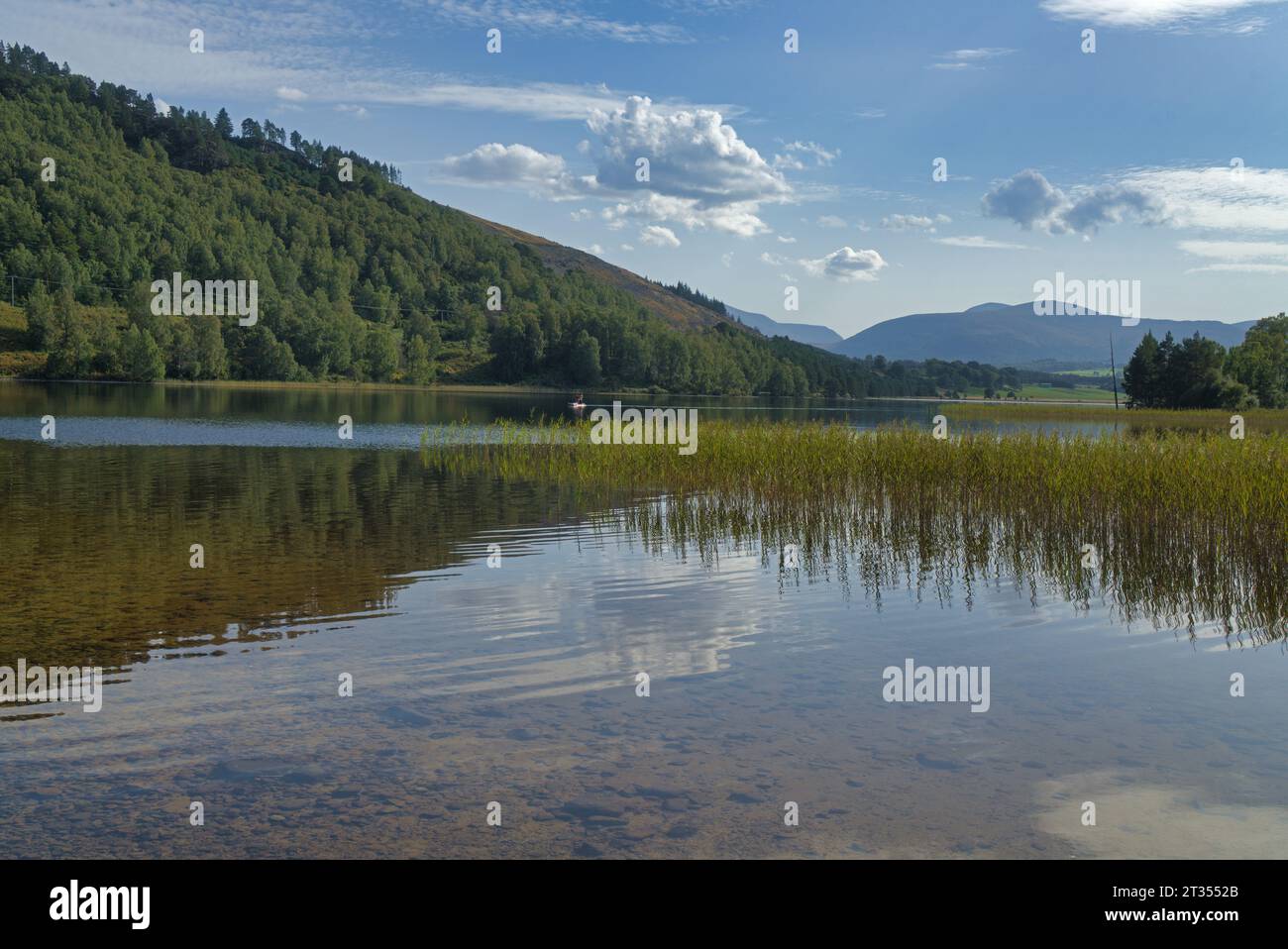 Guarda a sud sullo splendido Loch Pityoulish sulla B970 vicino a Coylumbridge, vicino ad Aviemore. Cairngorms sul retro. Aviemore, National Park, Scozia, Regno Unito Foto Stock