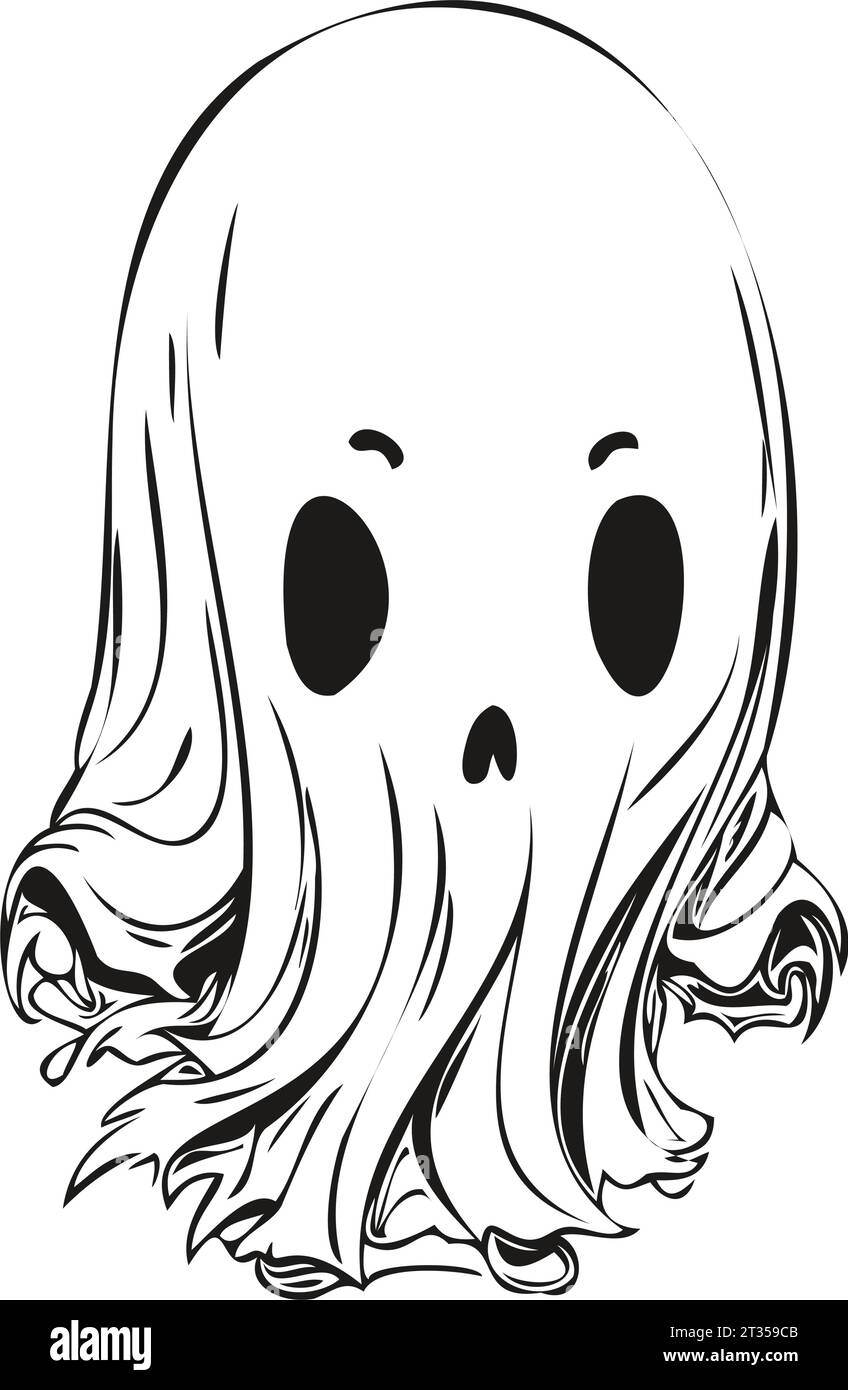 Immagine trasparente di un fantasma per Halloween, immagine isolata su un livello trasparente, può essere utilizzata come schizzo di un'incisione a inchiostro, tatuaggio o stampa di magliette Illustrazione Vettoriale