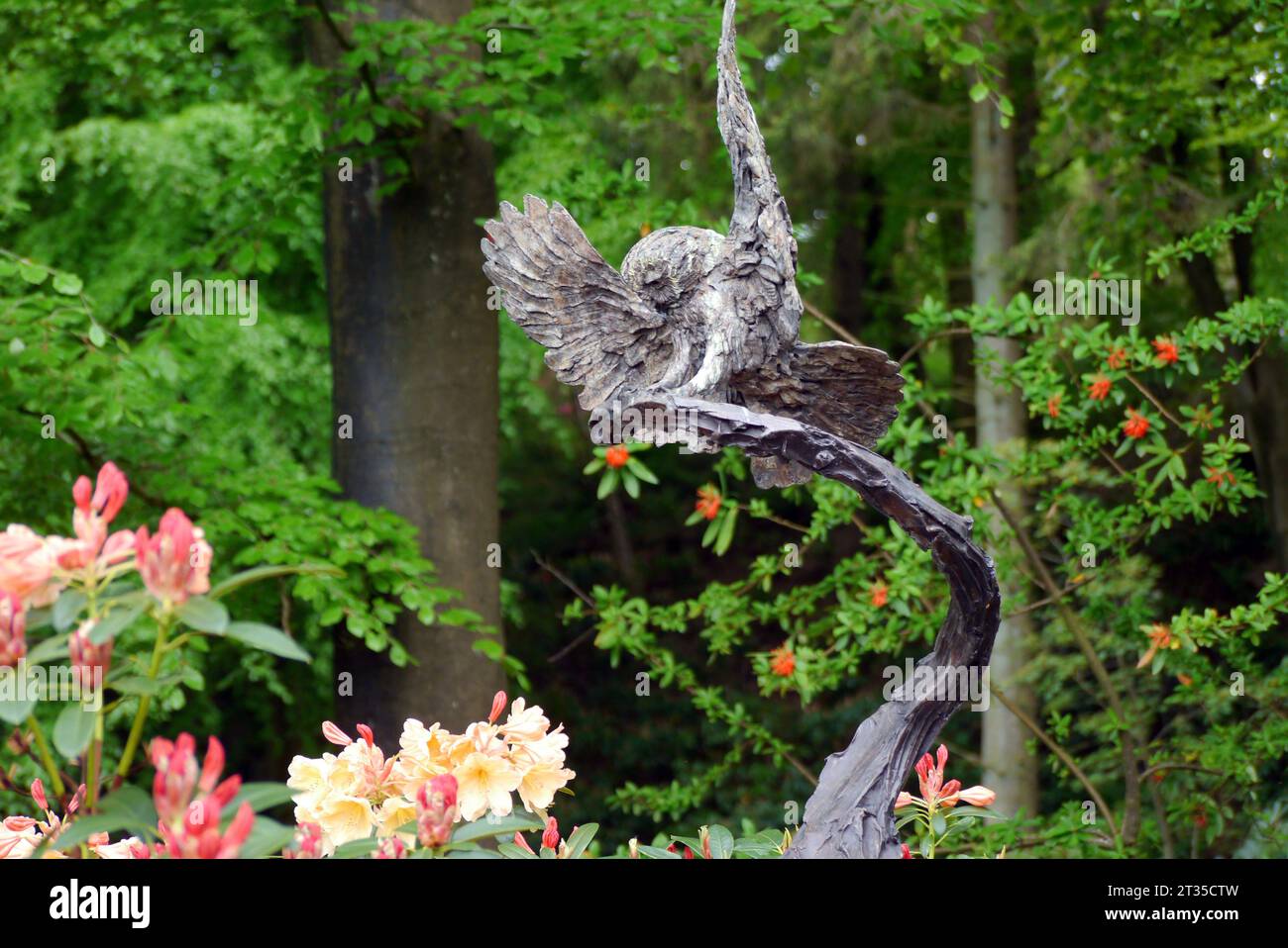 Scultura bronzea di un gufo Tawny in volo su un ramo dell'artista Hamish Mackie nel Himalayan Garden & Sculpture Park, North Yorkshire, Inghilterra. Foto Stock