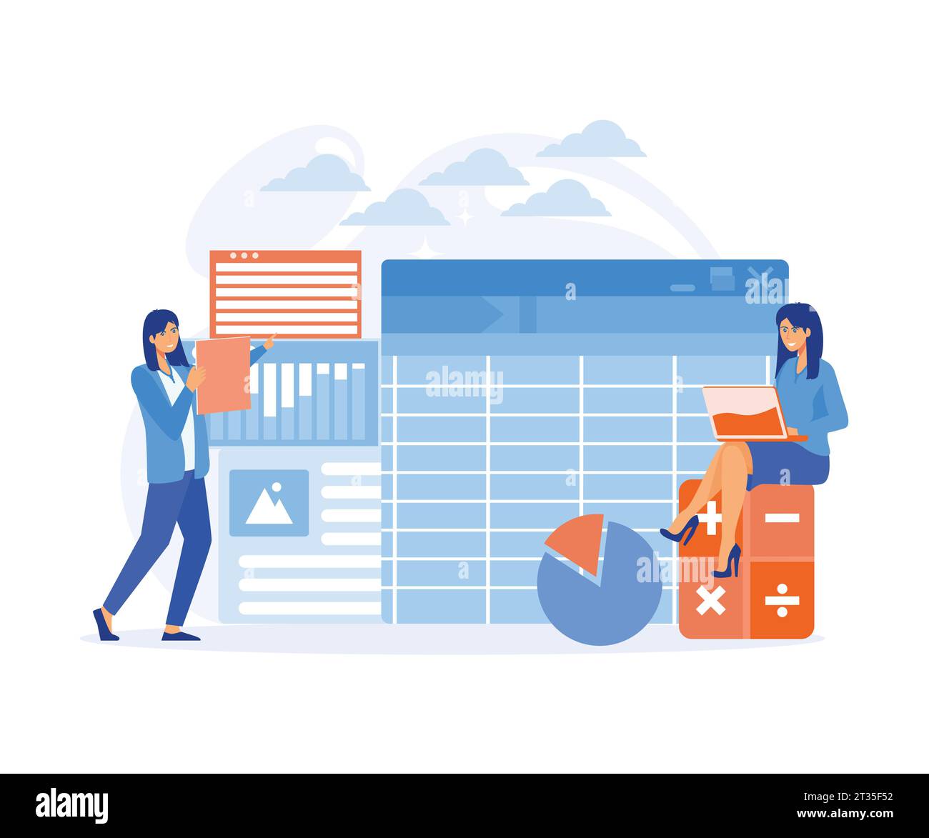 Report di contabilità aziendale per contabili, software per contabilità con foglio, formula, calcolatori. illustrazione moderna a vettore piatto Illustrazione Vettoriale