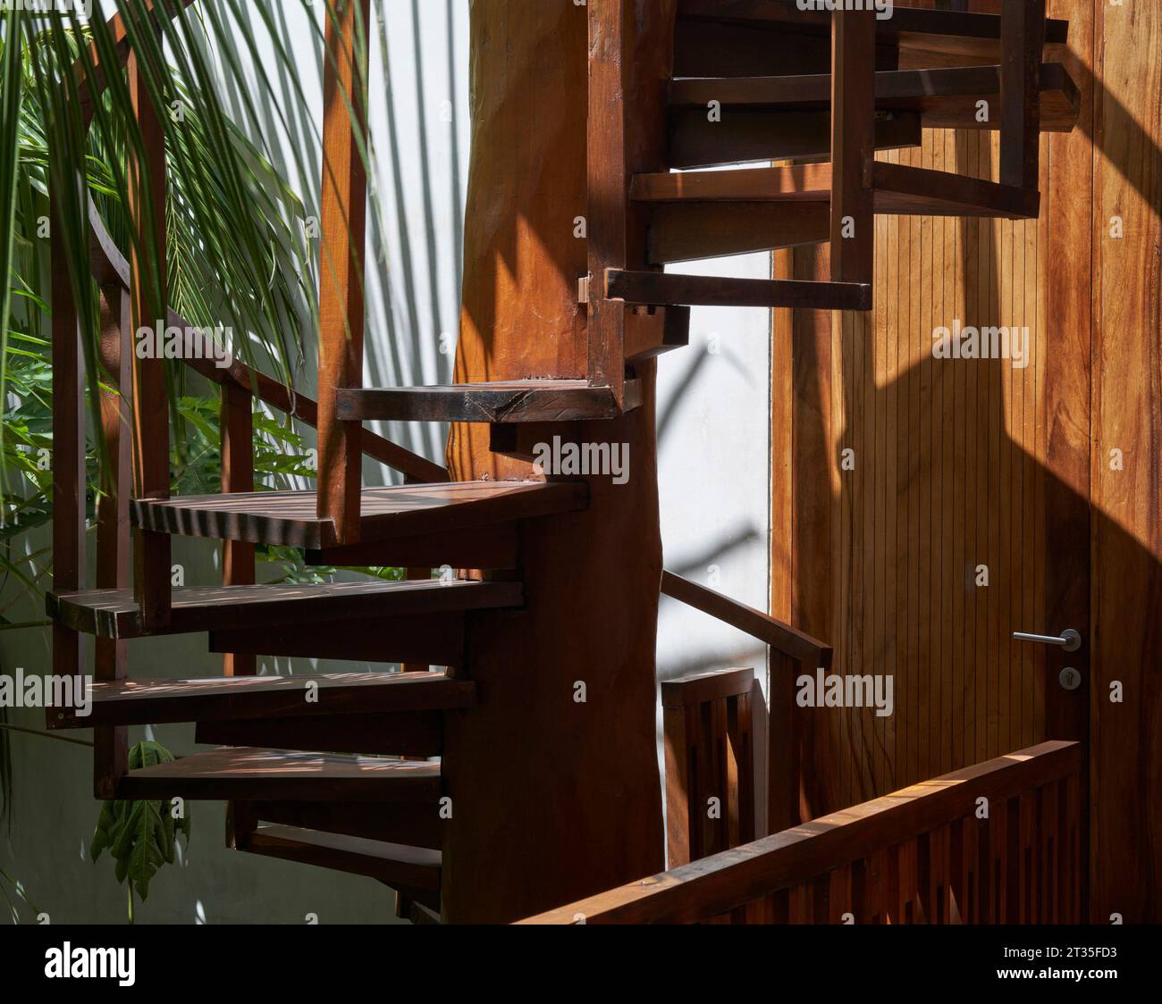 Scala a chiocciola in legno. Casa Vacanze Tulum - Casa Uh K aay, Tulum, Messico. Architetto: Gantous Arquitectos, 2023. Foto Stock