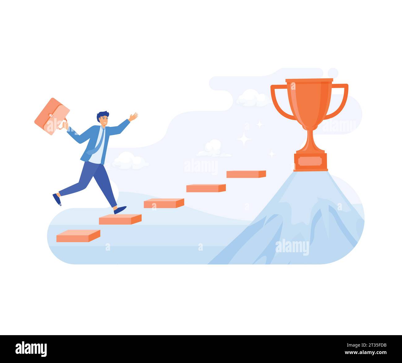 le idee portano il business al successo. Uomo d'affari che salta sul grafico per raggiungere il goal.Trofei sulla montagna. illustrazione moderna a vettore piatto Illustrazione Vettoriale