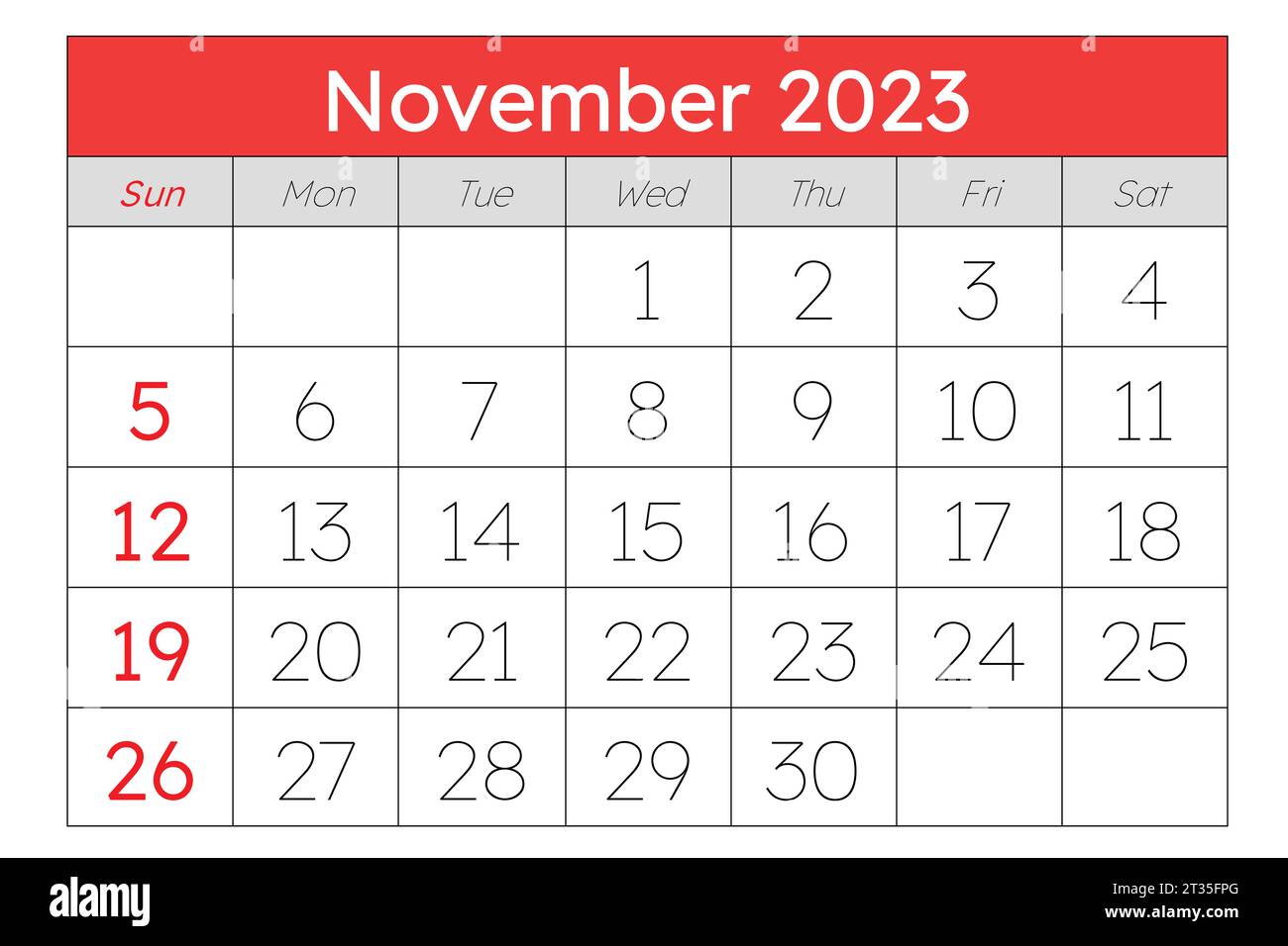 Calendario di novembre 2023. Pianificazione mensile dei vostri eventi aziendali. Illustrazione vettoriale Illustrazione Vettoriale