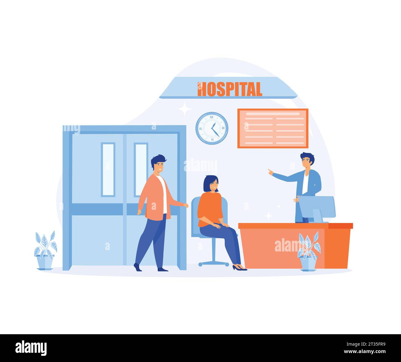 Receptionist dell'ospedale, pazienti alla reception di un ospedale registrando e pagando alla reception. illustrazione moderna a vettore piatto Illustrazione Vettoriale