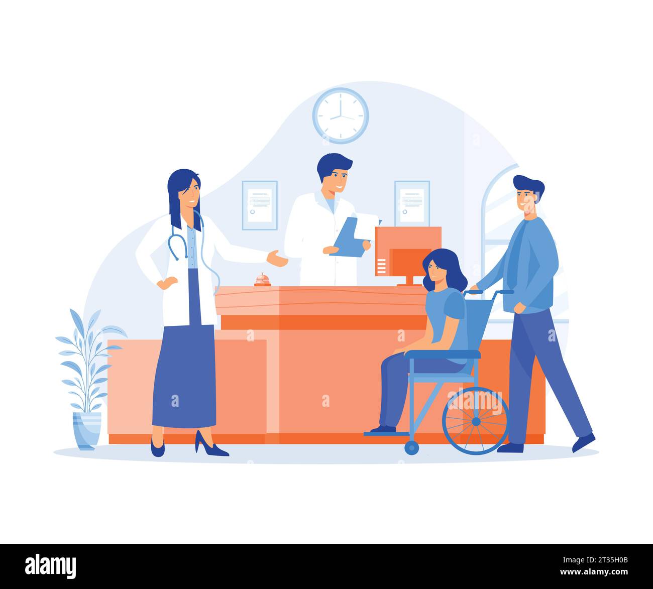 Accoglienza in ospedale con i pazienti. Sala d'attesa con portatori di handicap. illustrazione moderna a vettore piatto Illustrazione Vettoriale