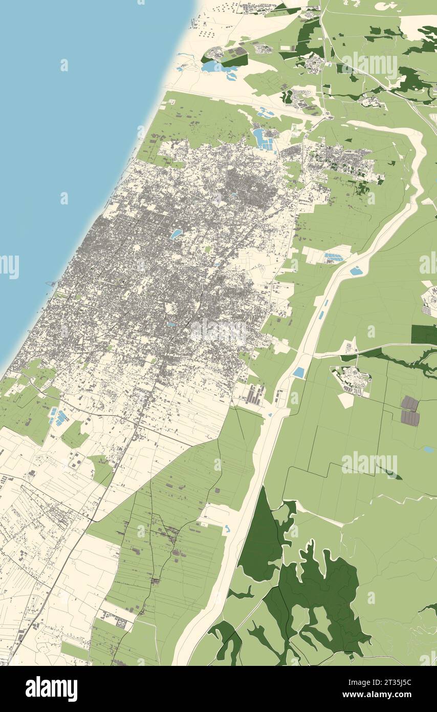 Mappa della Striscia di Gaza, lato nord, Israele, mappa e confini, rilievi e laghi. Strade ed edifici. rendering 3d. Foto Stock
