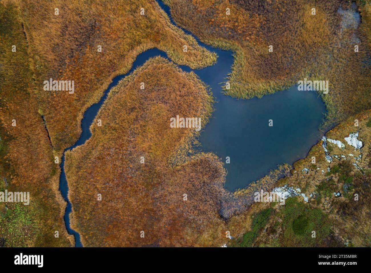 Svizzera, Cantone dei Grigioni, veduta aerea del piccolo lago alpino nella zona del passo San Bernardino Foto Stock