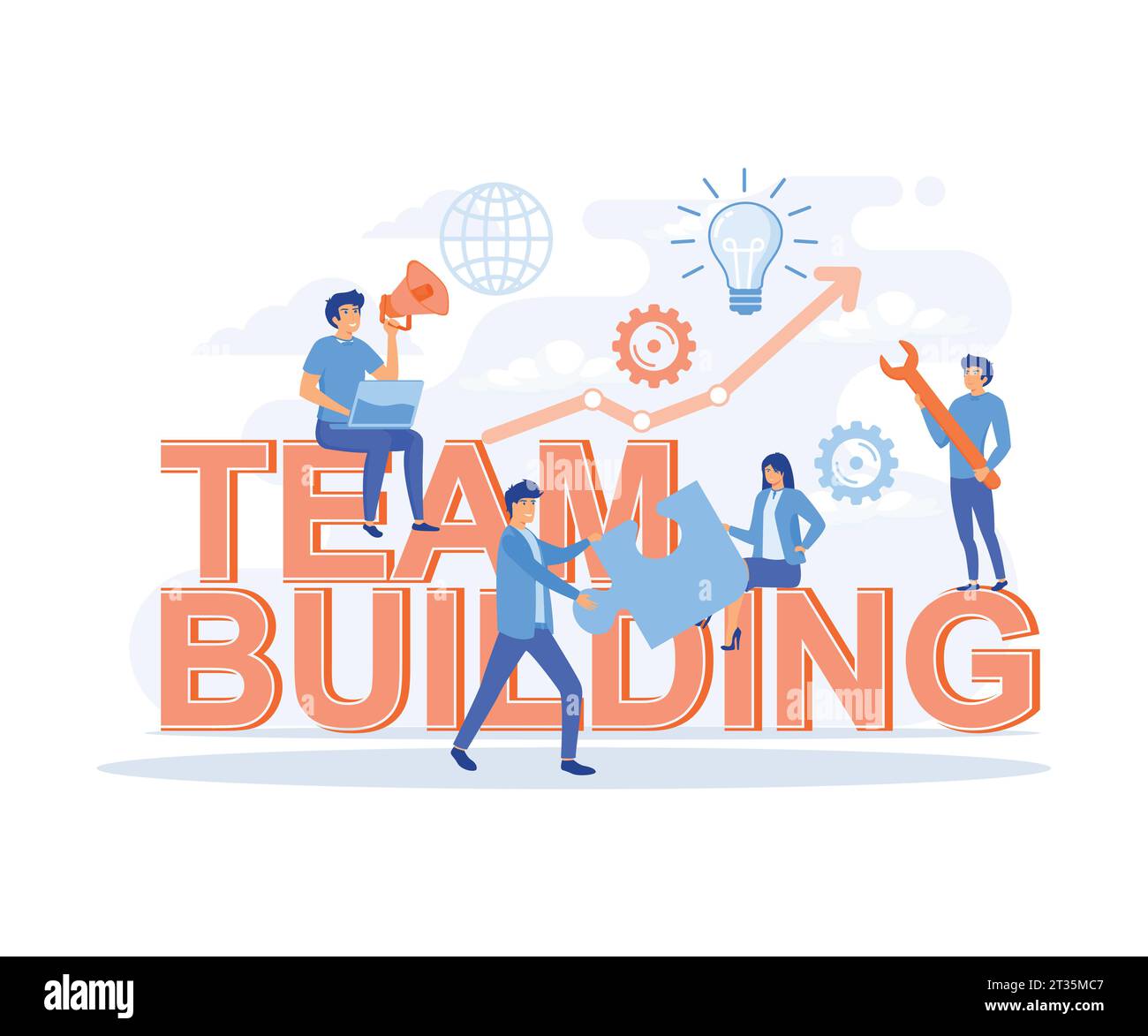 Concetto di team building, gruppo di persone si riunisce e lavora insieme per ottenere buoni risultati aziendali. illustrazione moderna a vettore piatto Illustrazione Vettoriale