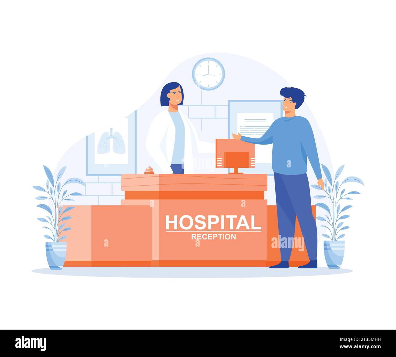 Concetto di accoglienza ospedaliera, Man pone una domanda all'ufficio del registro dell'ospedale, illustrazione moderna a vettore piatto Illustrazione Vettoriale