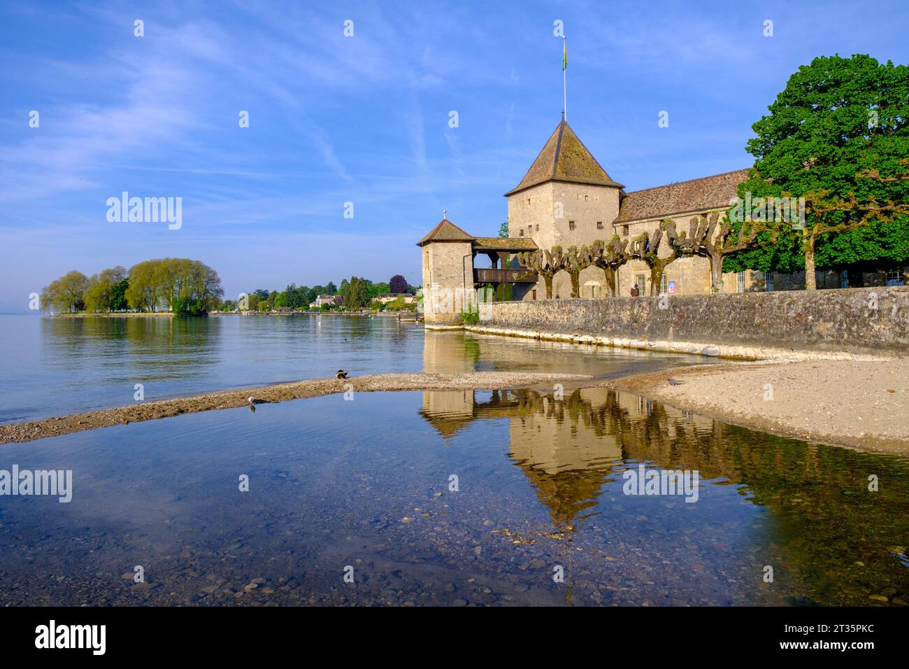 Svizzera, Cantone di Vaud, Rolle, Castello di Rolle e lago di Ginevra Foto Stock