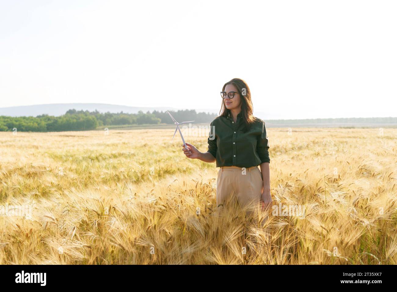 Agronomo modello di turbina eolica in campo di grano Foto Stock
