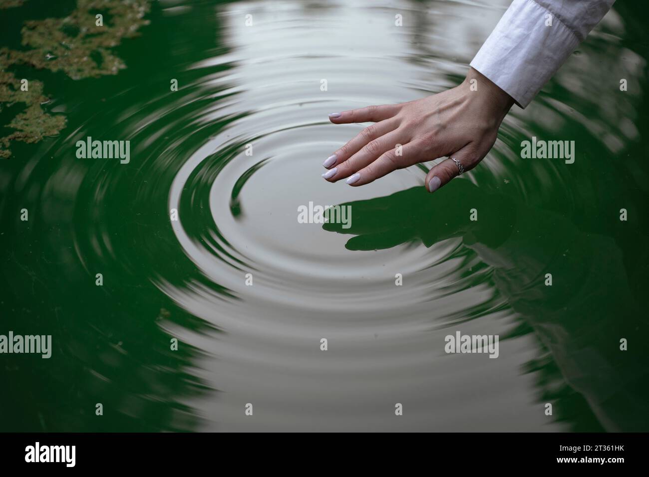 Mano di una giovane donna che tocca l'acqua Foto Stock