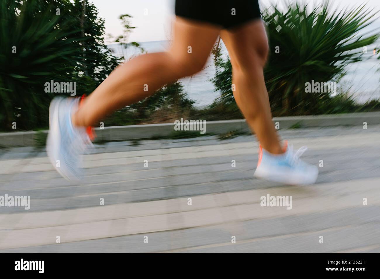 Donna che indossa scarpe bianche che corre su un sentiero Foto Stock