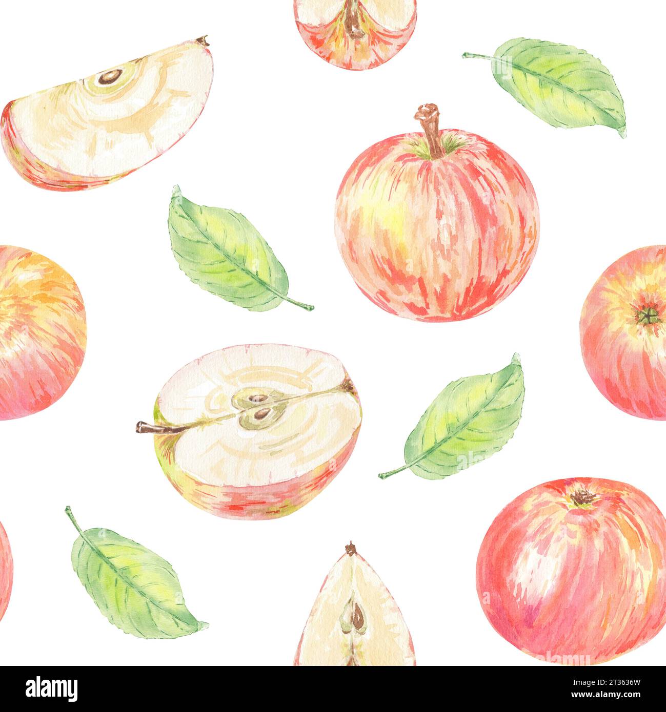 Motivo acquerello senza cuciture con mele rosse. Illustrazione del cibo dipinta a mano in stile botanico su sfondo bianco per uso tessile, carta da parati Foto Stock