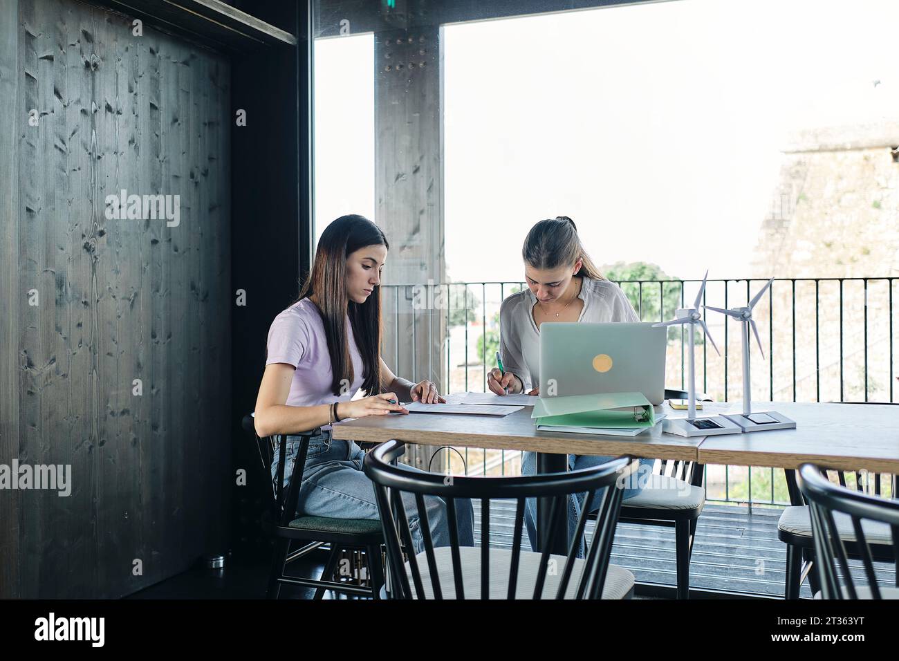 Due giovani ingegneri che lavorano alla scrivania su un progetto di energia sostenibile Foto Stock