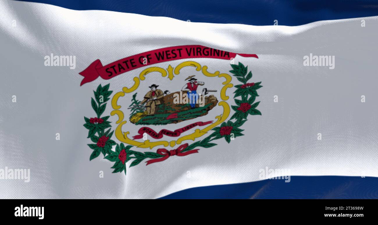 Primo piano della bandiera dello stato della Virginia Occidentale che sventola nel vento. Campo bianco, bordo blu, stemma di stato e nastro rosso. rendering dell'illustrazione 3d. Flutter Foto Stock