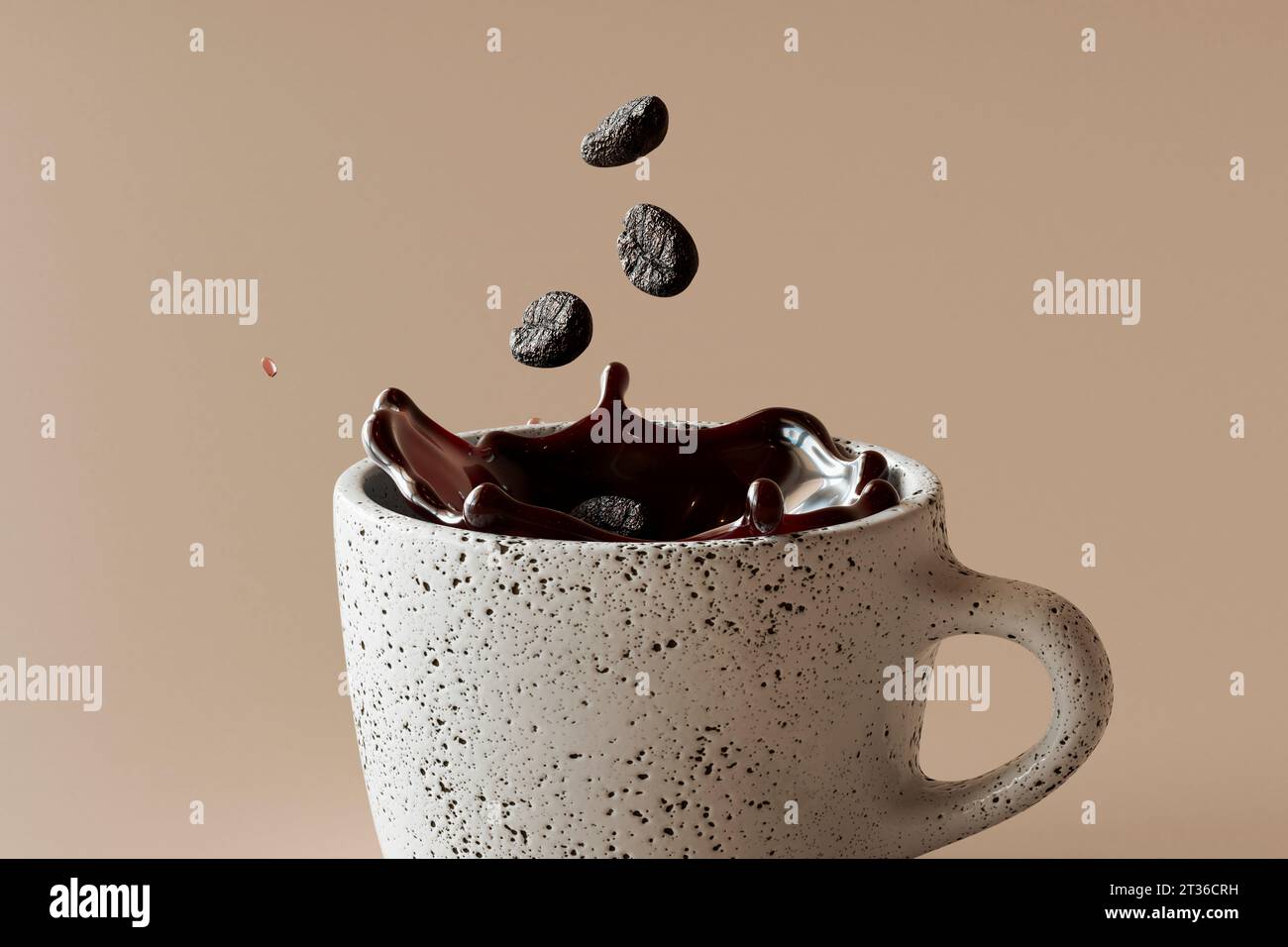 Rendering 3D dei chicchi di caffè che cadono nella tazza di caffè Foto Stock