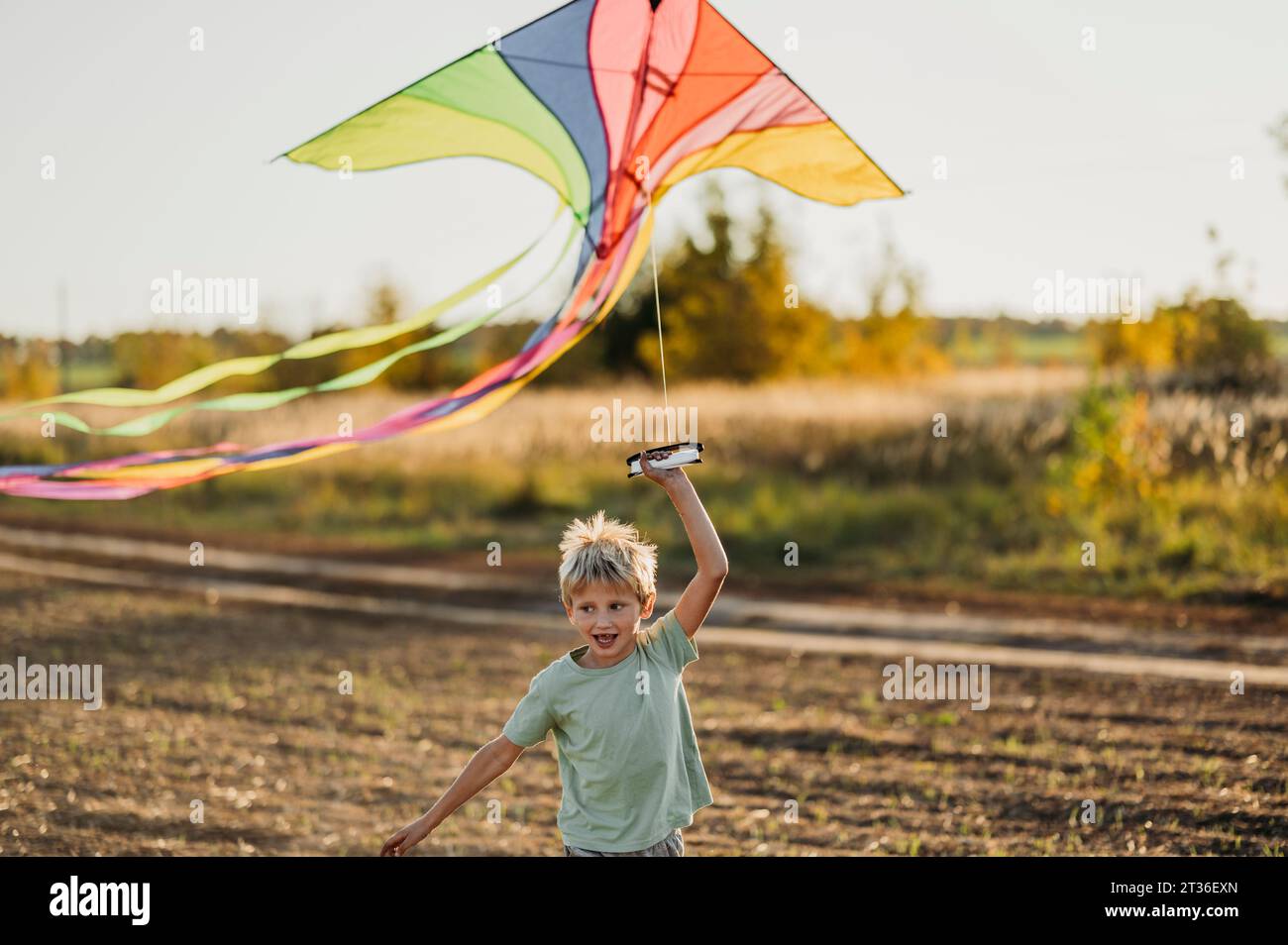 Ragazzo allegro che corre con aquilone multicolore nel prato Foto Stock