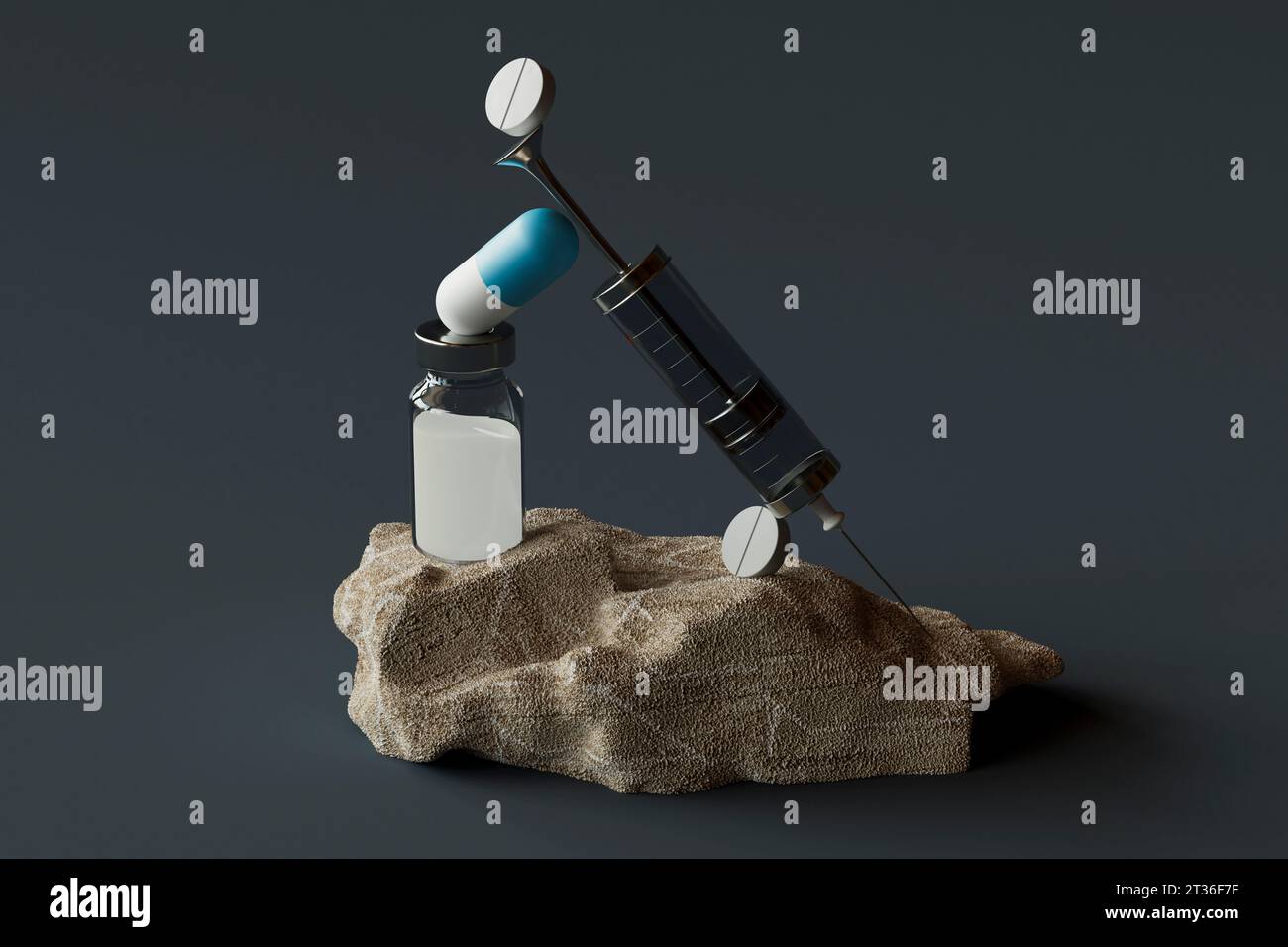 Siringa di vaccinazione vicino a pillole e capsula su roccia su sfondo nero Foto Stock