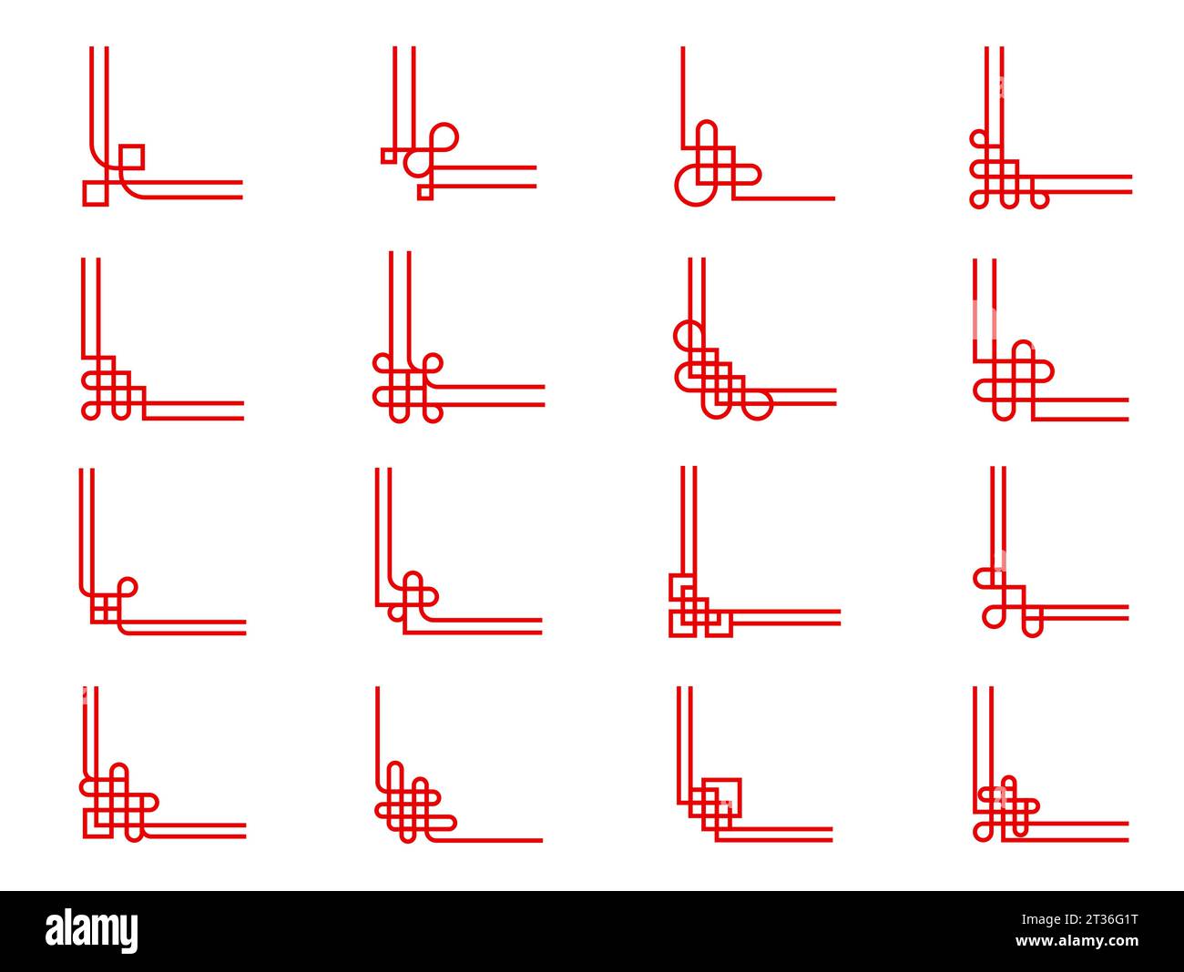 Angoli con nodo cinese orientale rosso. Confini della cornice asiatica cinese, giapponese e coreana. Angoli vettoriali per ornamenti di linee cinesi con elementi geometrici e loop quadrati, bordi ininterrotti con pattern di nodi Illustrazione Vettoriale