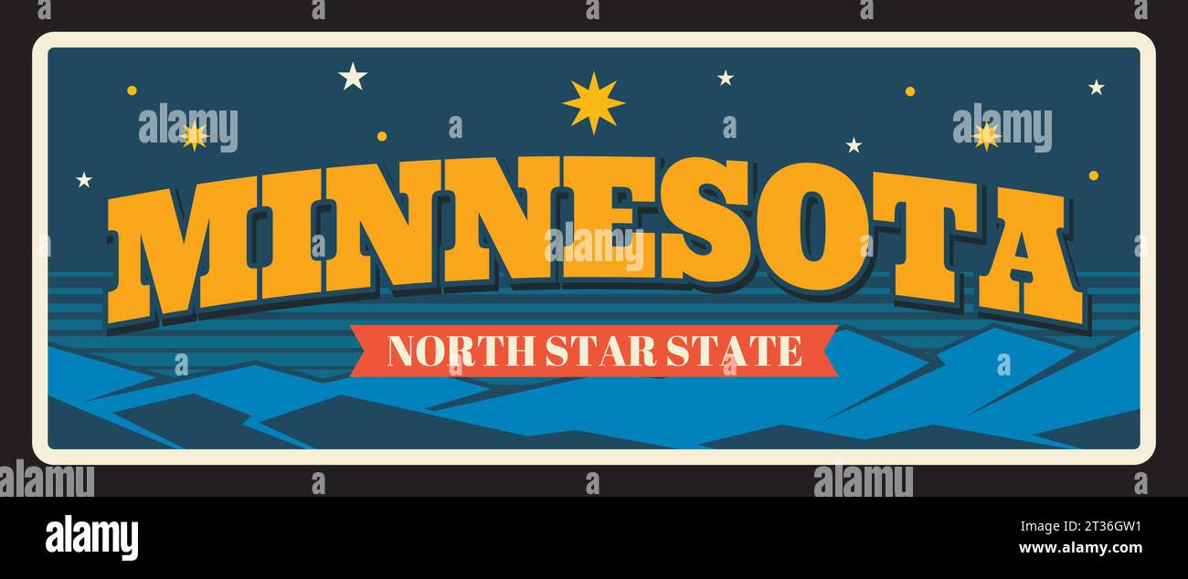 Minnesota North Star Travel Plate, stato nella regione Upper Midwest degli Stati Uniti. Banner Vector USA Tourism con segnale di costellazione. Minneapolis, cartolina d'epoca della capitale di Saint Paul Illustrazione Vettoriale