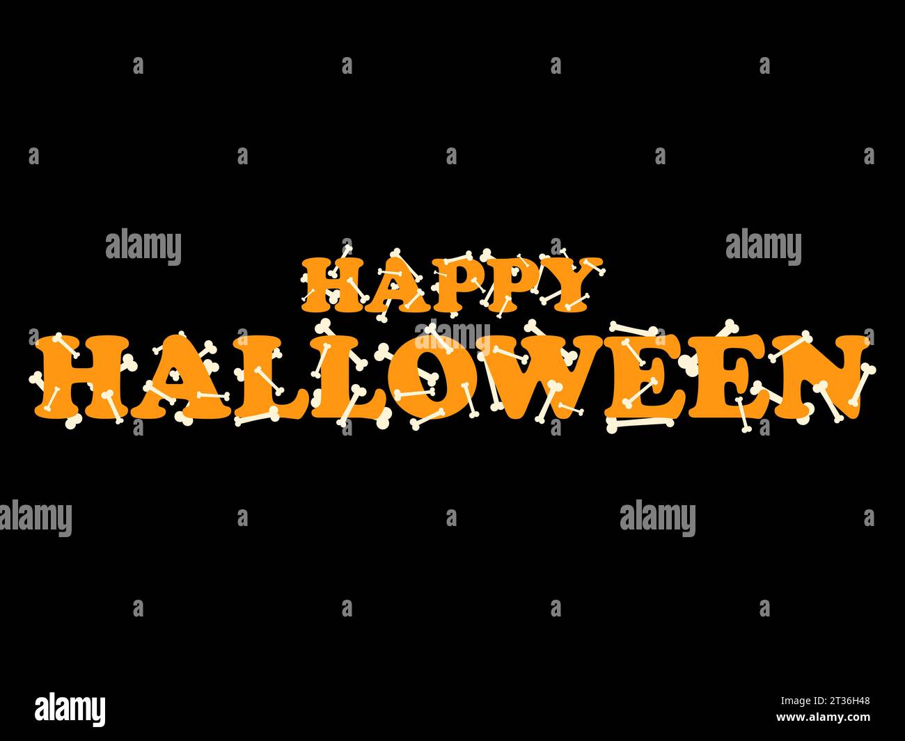 Buon Halloween. Testo arancione con ossa su sfondo nero. Buon Halloween 31 ottobre, trucco o regalo. Design festivo per striscioni, poster e p Illustrazione Vettoriale
