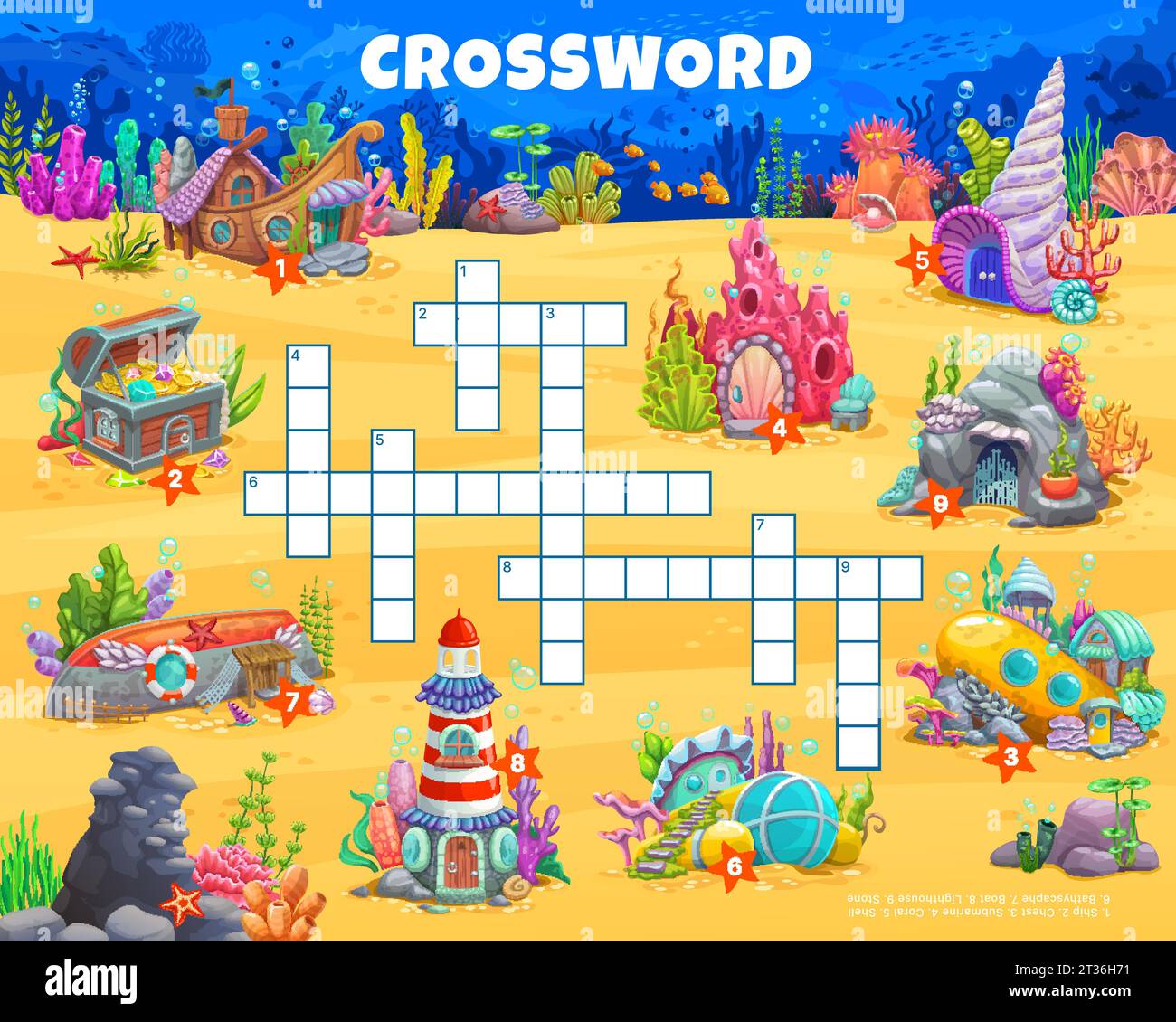 Gioco a quiz crossword con case di cartoni animati sottomarini. Wordsearch giocando, crossword Kids puzzle foglio di lavoro vettoriale con cassa del tesoro, nave affondata, conchiglia e faro, casa sottomarina Illustrazione Vettoriale