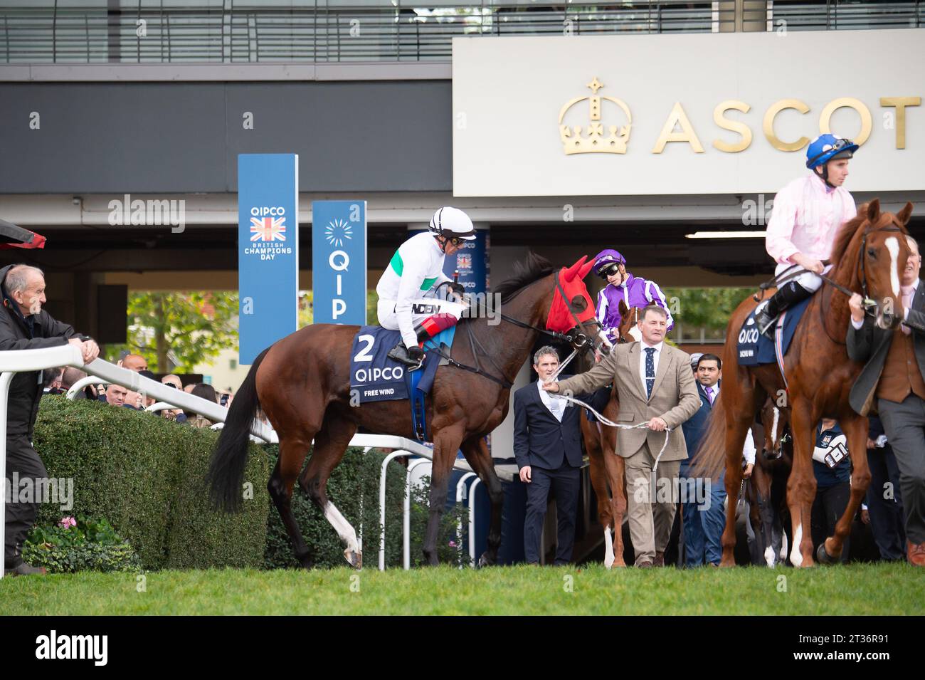 Ascot, Berkshire, Regno Unito. 21 ottobre 2023. Cavallo libero (n° 2) guidato dal fantino Frankie Dettori si dirige verso l'autodromo prima della QIPCO British Champions Fillies & Mares Stakes all'ippodromo di Ascot nel QIPCO British Champions Day. Oggi Frankie Dettori si ritira dalla British Racing prima di dirigersi negli Stati Uniti per continuare la sua carriera agonistica. Credito: Maureen McLean/Alamy Foto Stock