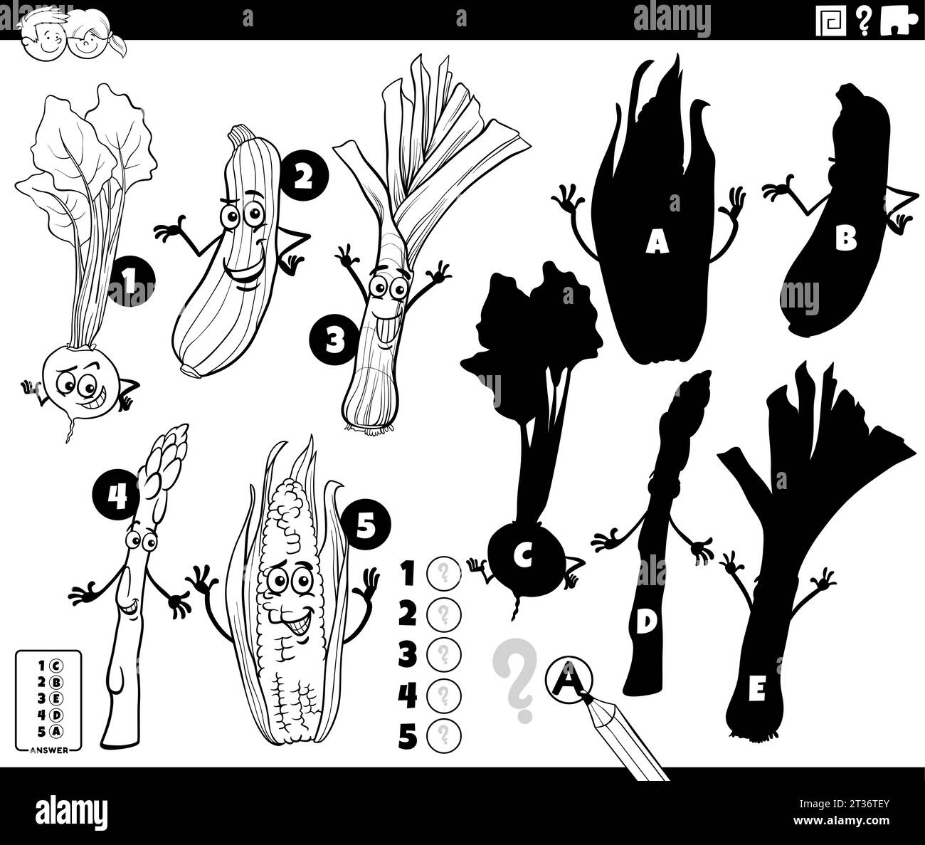 Illustrazione di cartoni animati in bianco e nero che mostra come trovare le ombre giuste per il gioco educativo delle immagini con la pagina da colorare dei personaggi comici vegetali Illustrazione Vettoriale