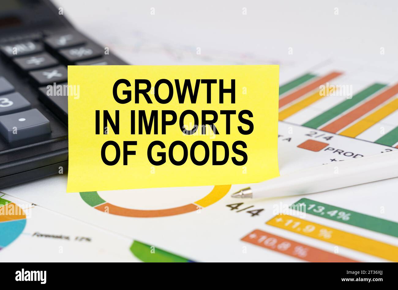 Concetto aziendale. Nelle relazioni aziendali c'è un calcolatore e un segno con l'iscrizione - crescita delle importazioni di beni Foto Stock