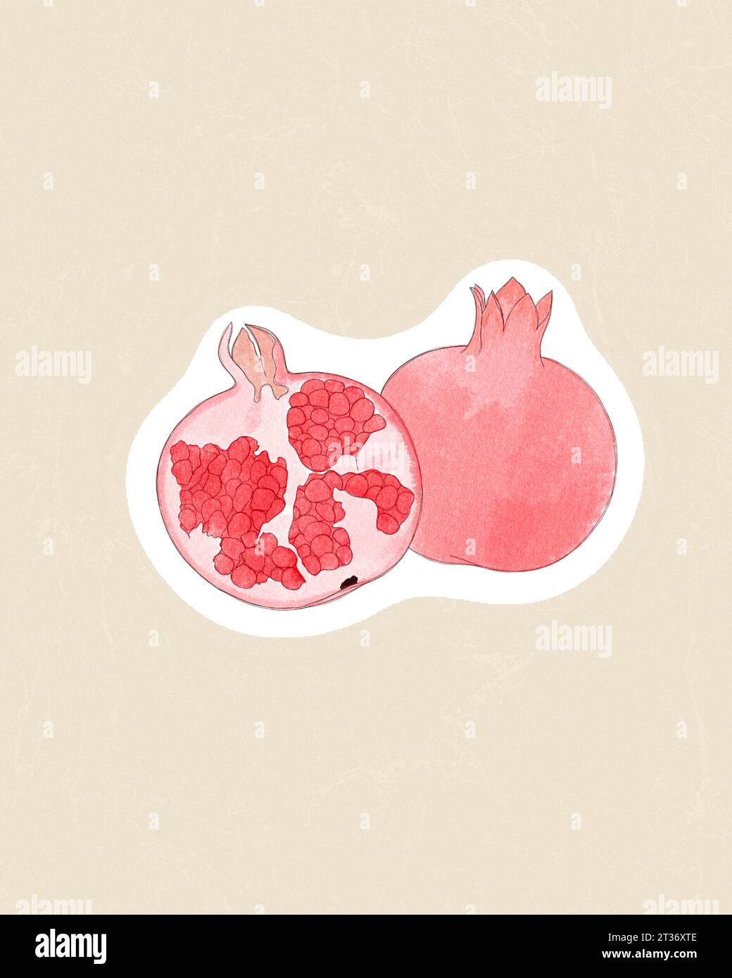 Adesivo maturo per cartoni di melograno in stile fumetto con contorno. Decorazioni per biglietti d'auguri, poster e stampe di abiti, volantini, emblemi. Foto Stock