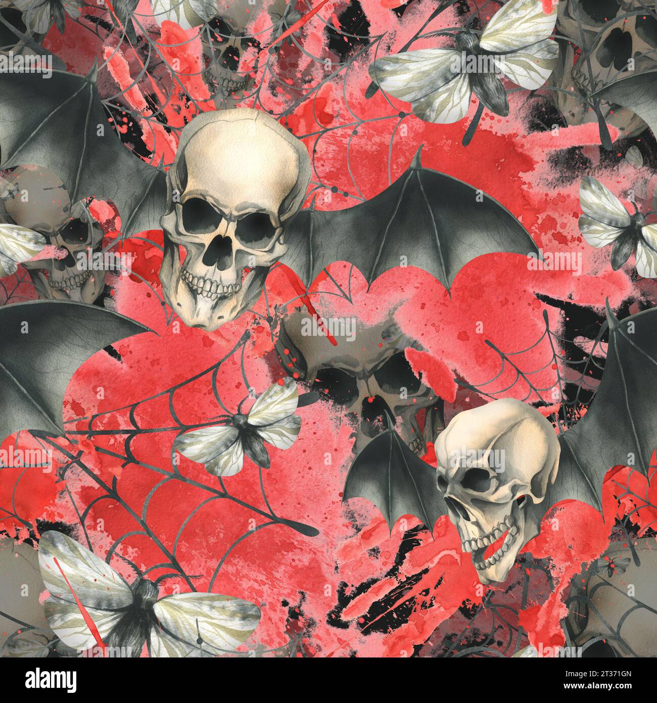 Teschi umani con ali di pipistrello nere, macchie e schizzi di sangue e falene notturne. Illustrazione ad acquerello disegnata a mano. Motivo senza cuciture al buio Foto Stock
