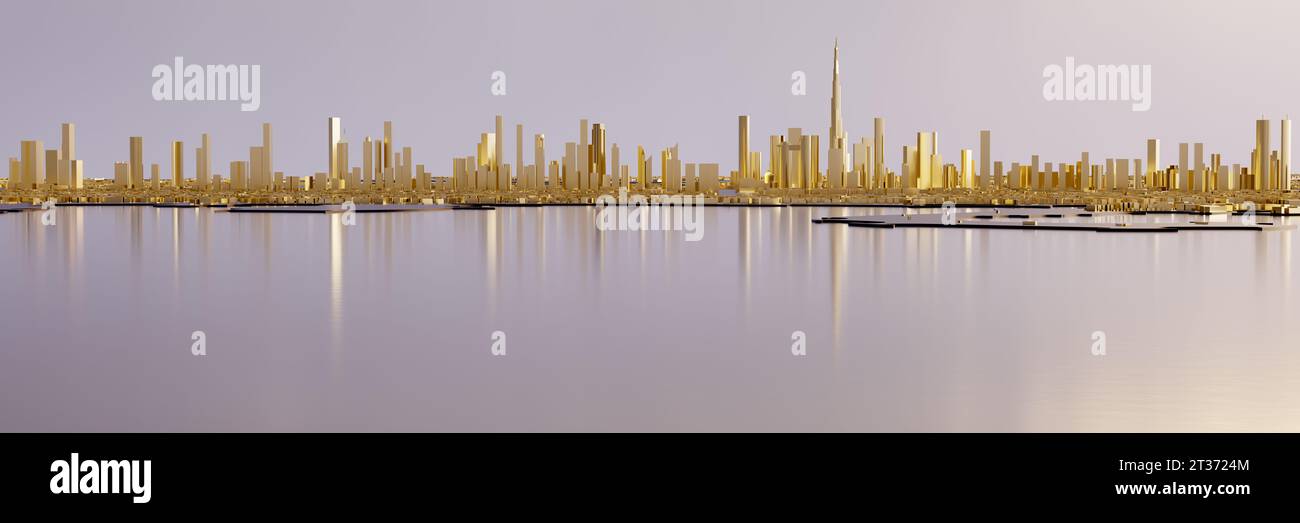 Ampio panorama del centro di Dubai con il Burj Khalifa. Città in miniatura a basso contenuto di poli. Tutti gli edifici sono fatti d'oro. Concetto di mercato dell'oro e vera esta Foto Stock