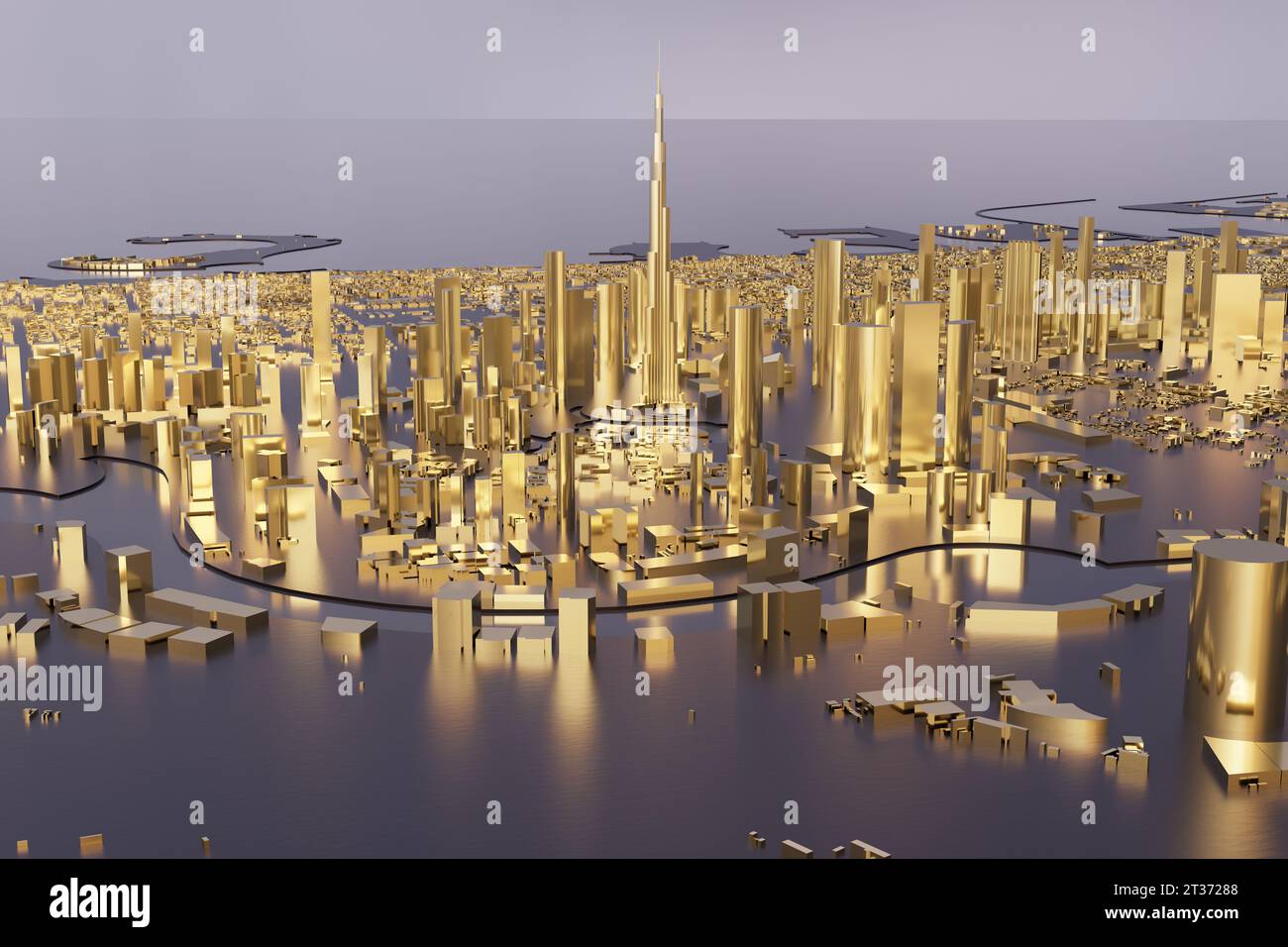 Vista aerea del centro di Dubai con il Burj Khalifa. Città in miniatura a basso contenuto di poli. Tutti gli edifici sono fatti d'oro. Concetto di mercato dell'oro e immobiliare, luxu Foto Stock