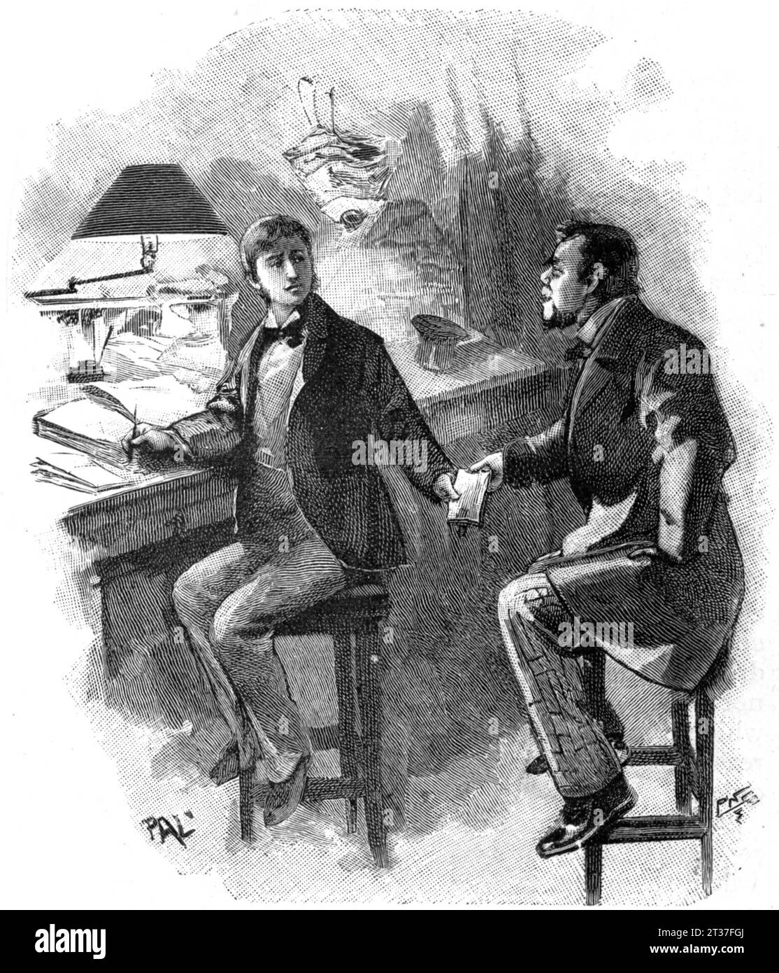 Addetto alla sua scrivania in un ufficio a Londra nel periodo Vittoriano, il passaggio di un messaggio da un messaggero, 1884 Foto Stock