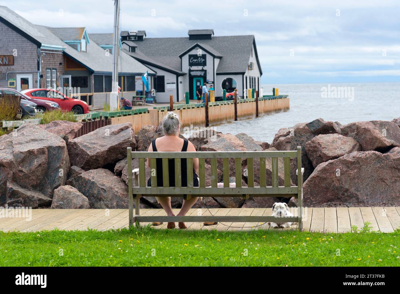 La donna e il suo cane si rilassano a Victoria Harbour, Prince Edward Island, Canada Foto Stock