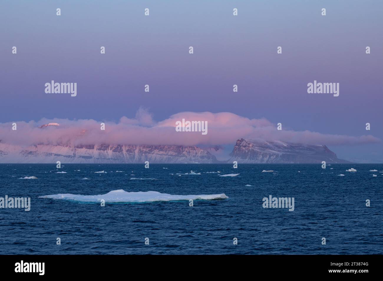 Alba nella Groenlandia settentrionale, luce rosa sulle montagne costiere Foto Stock