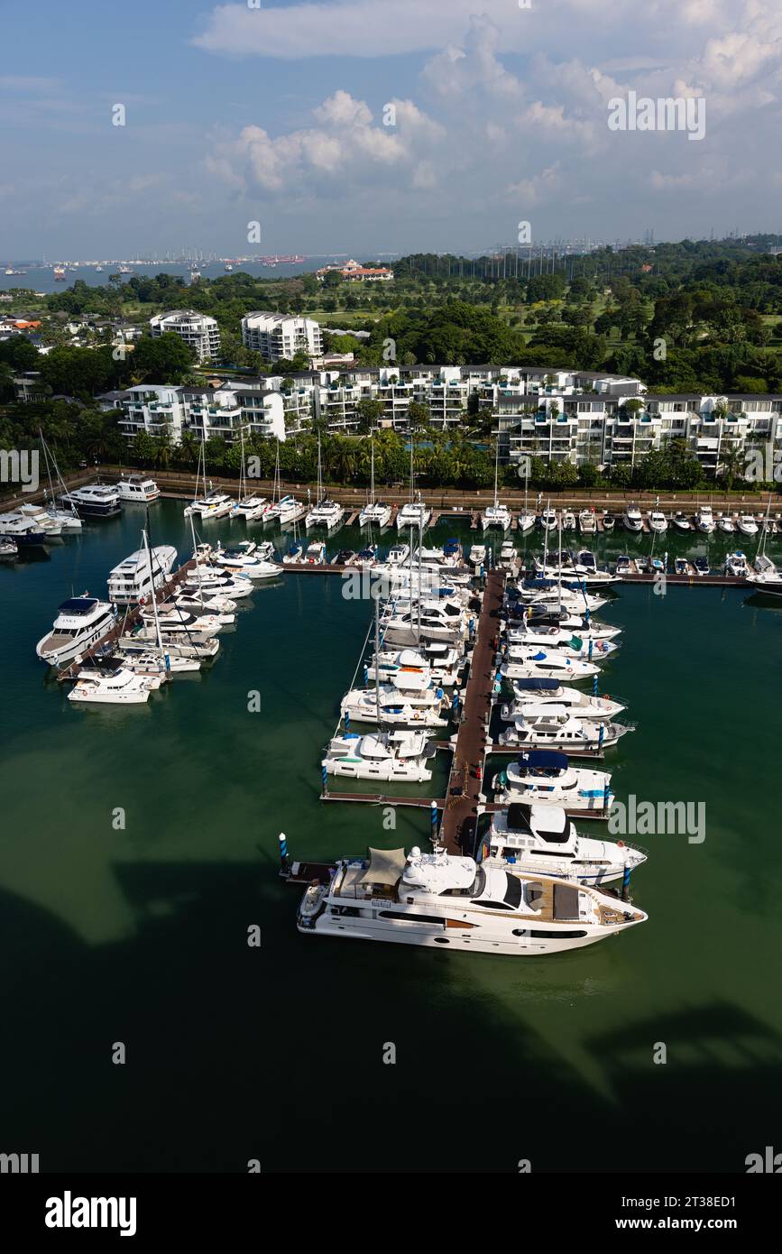 SINGAPORE - 8 OTTOBRE 2023: Linea di vari yacht di lusso al Singapore Yacht Show 2013 al One Degree 15 Marina Club, Sentosa Cove Foto Stock