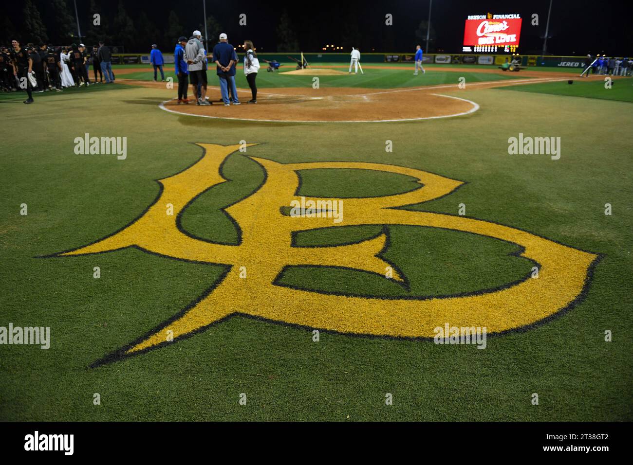 Vista dettagliata del logo Long Beach State su Blair Field dopo le finali di baseball CIF Southern Section Division 1 di venerdì maggio. 19, 2023 in Long B Foto Stock