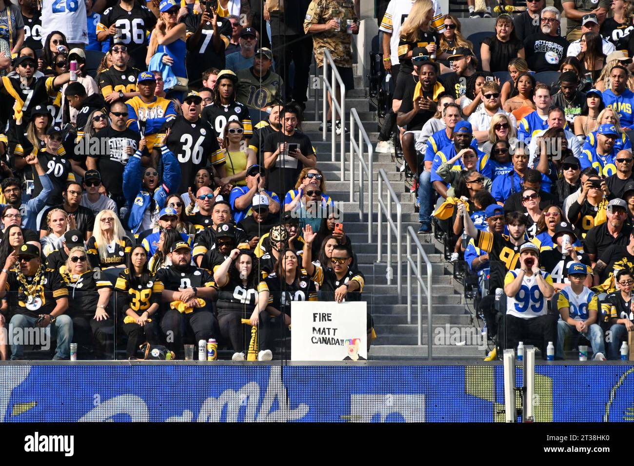 Un tifoso dei Pittsburgh Steelers detiene un cartello con la scritta "Fire Matt Canada" durante una partita di football tra i Los Angeles Rams e i Pittsburgh Steelers Foto Stock