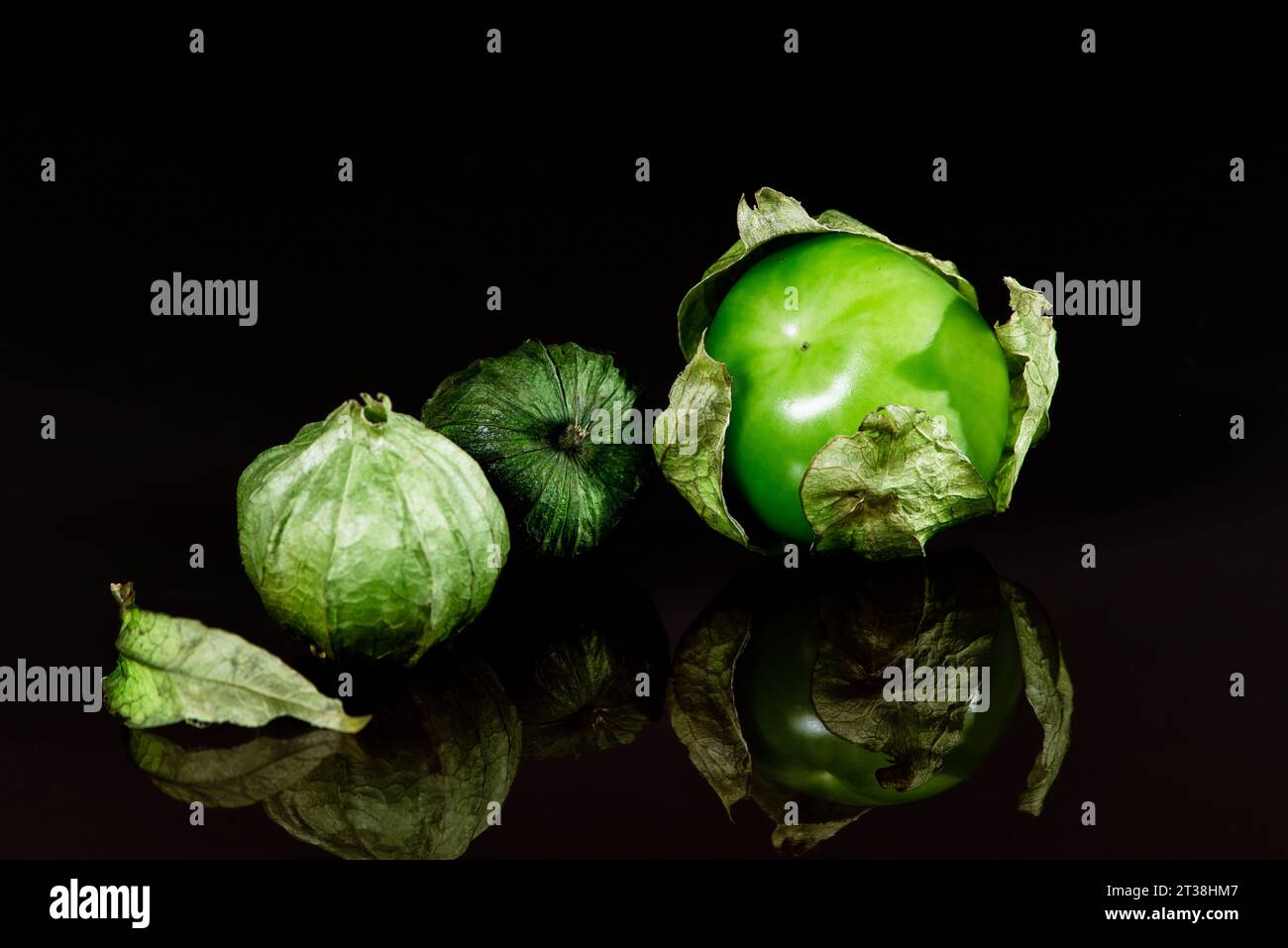 Tomatillo fresco isolato su sfondo nero Foto Stock