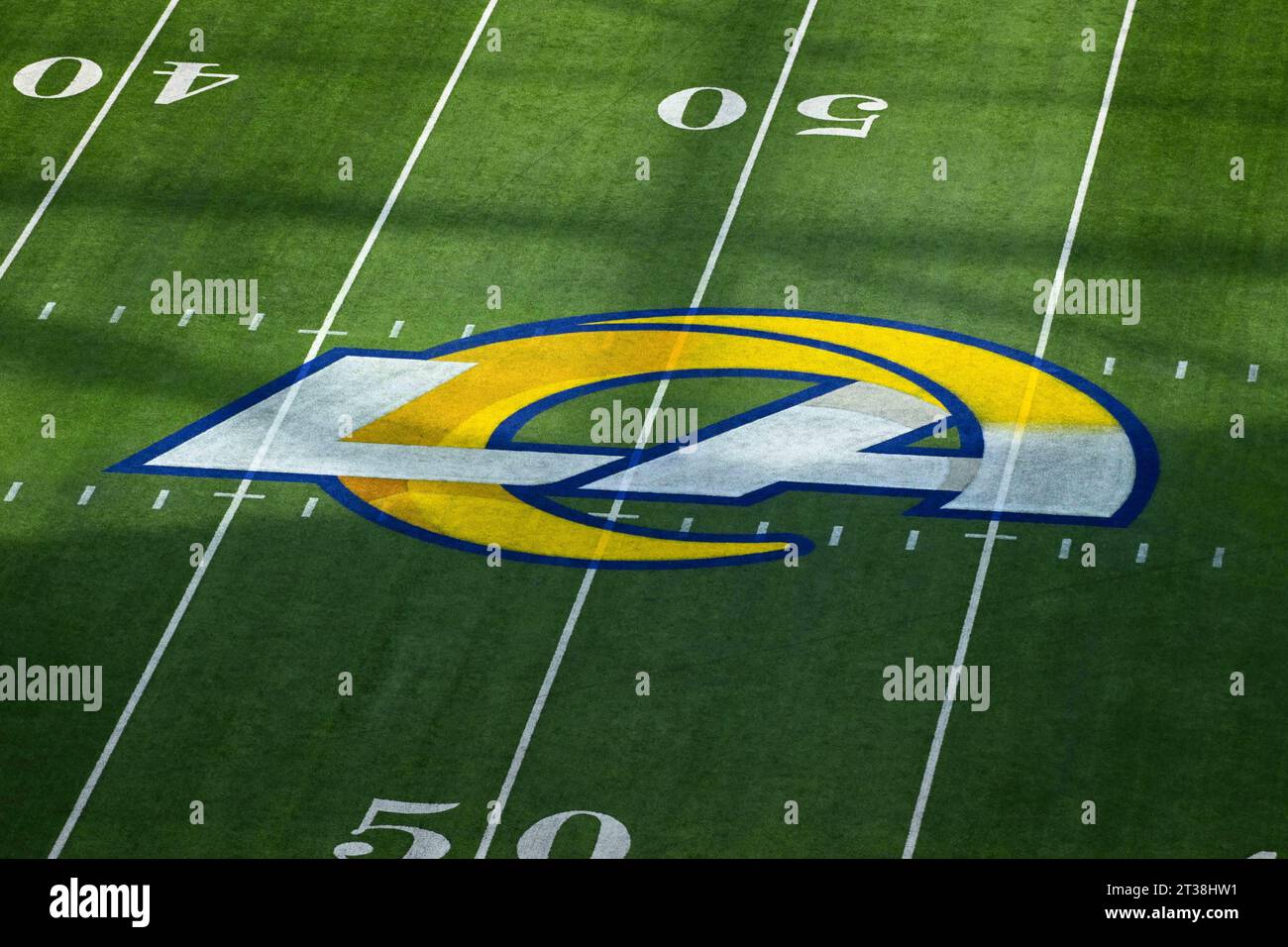 Vista generale dei loghi dei Los Angeles Rams al SoFi Stadium prima di una partita di football tra i Los Angeles Rams e i Pittsburgh Steelers, S. Foto Stock