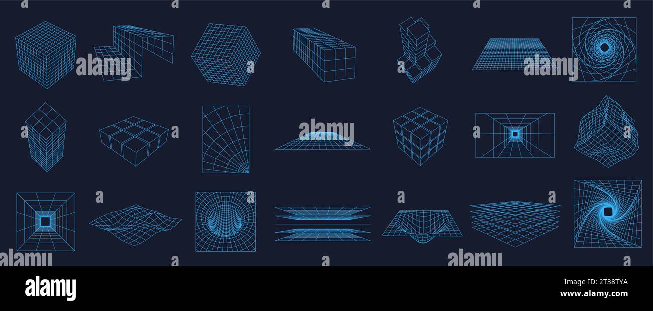 Elementi griglia struttura a reticolo. Strutture in mesh 3D, piano geometrico cibernetico e forme cubiche con estetica tecnologica degli anni '80. Insieme di vettori con tracciati di traccia modificabili Illustrazione Vettoriale