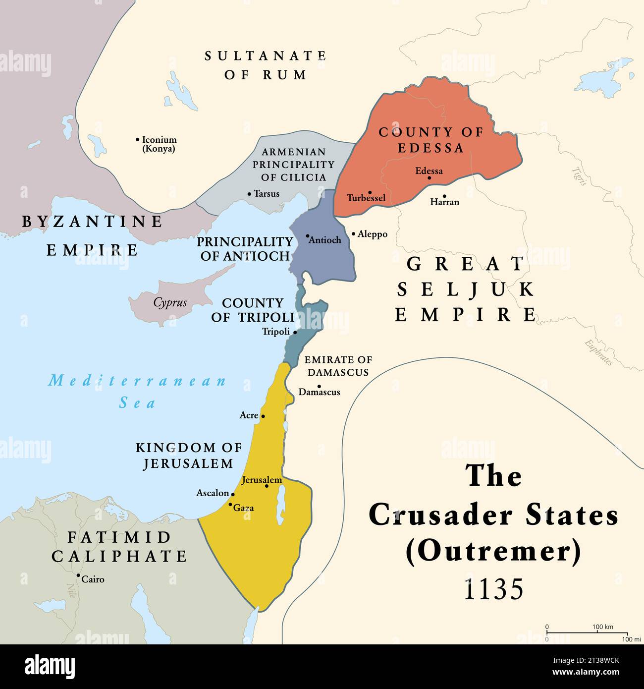 Crusader states, mappa di Outremer a circa 1135. Quattro regni cattolici latini nel Levante, creati dopo la prima crociata. Foto Stock