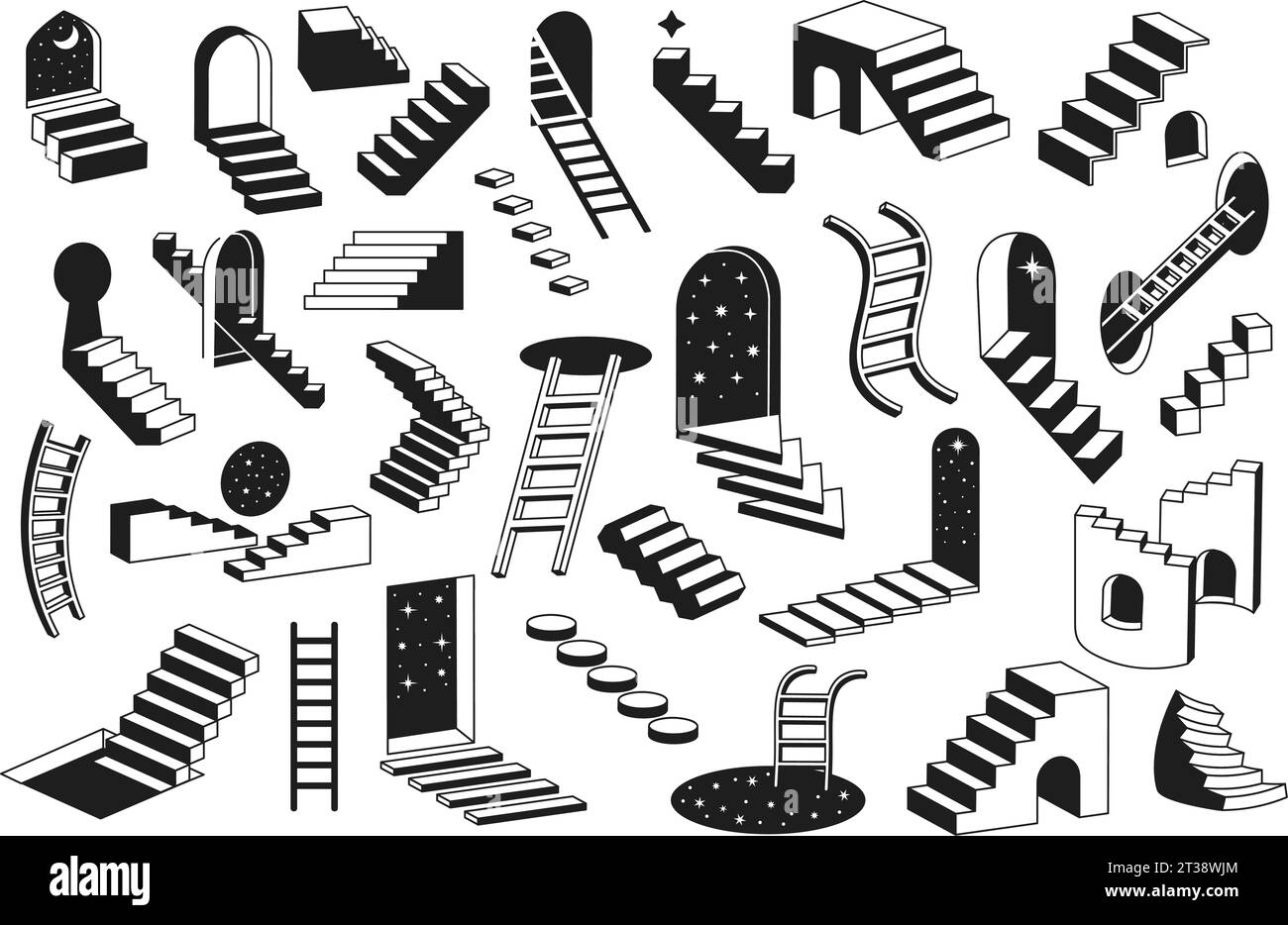 Scale surreali. Scalinate misteriose, scalinate da sogno e livelli astratti. Serie di illustrazioni vettoriali in scala in bianco e nero Illustrazione Vettoriale