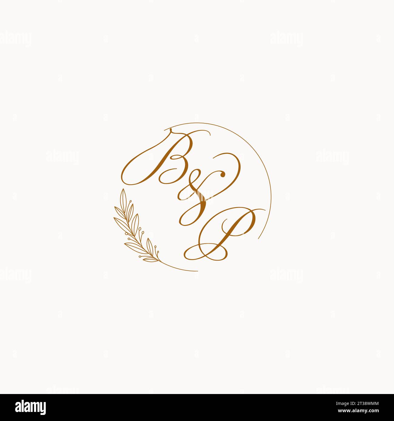 Logo monogramma nozze BP iniziali con foglie ed eleganti linee circolari grafica vettoriale Illustrazione Vettoriale
