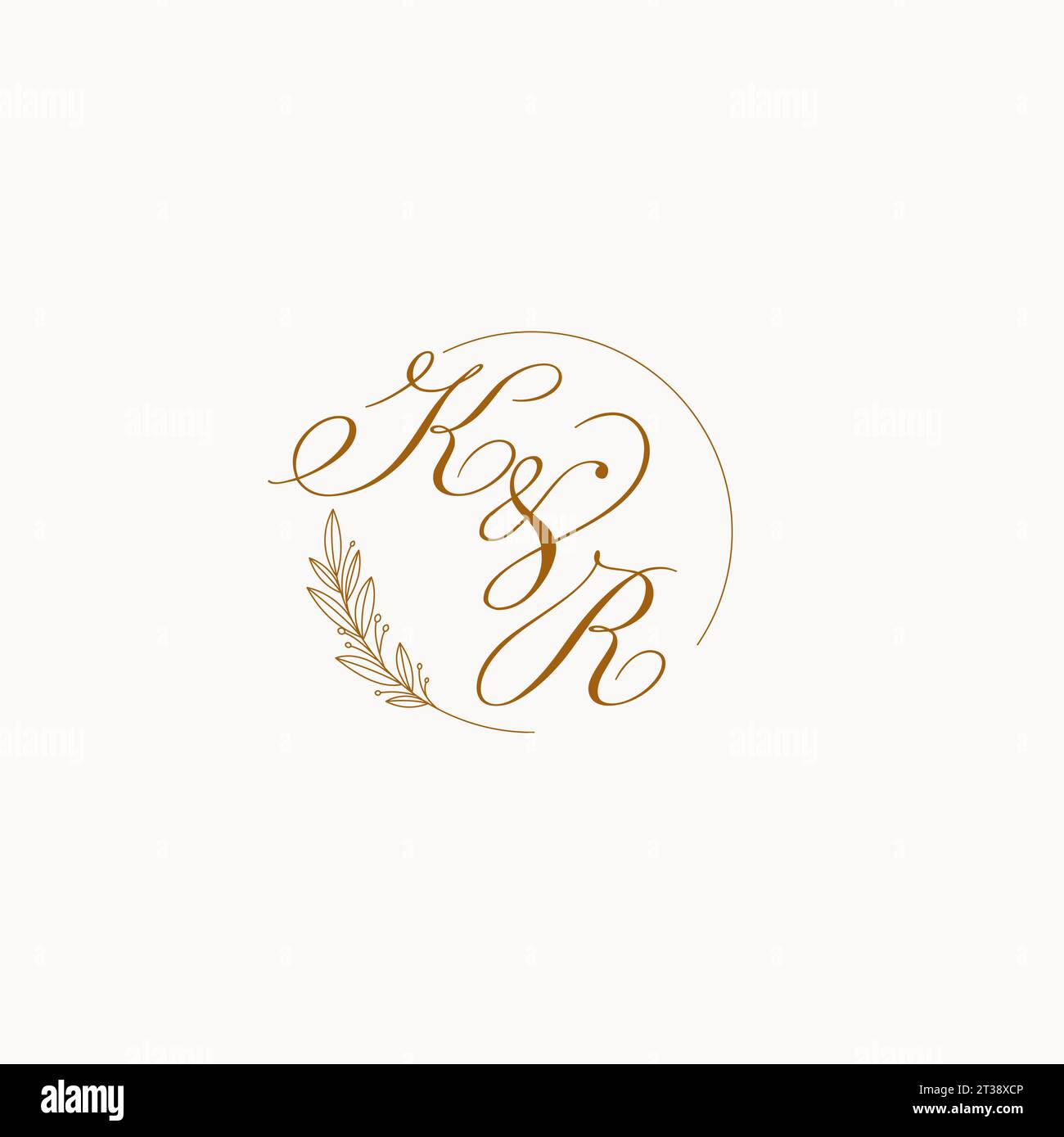 Logo monogramma nuziale KR con foglie ed eleganti linee circolari grafica vettoriale Illustrazione Vettoriale