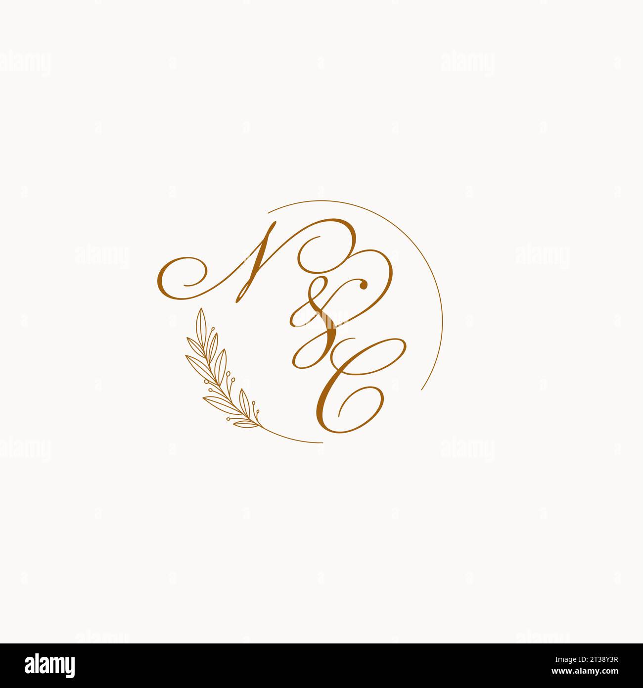Logo monogramma nuziale NC con foglie ed eleganti linee circolari grafica vettoriale Illustrazione Vettoriale